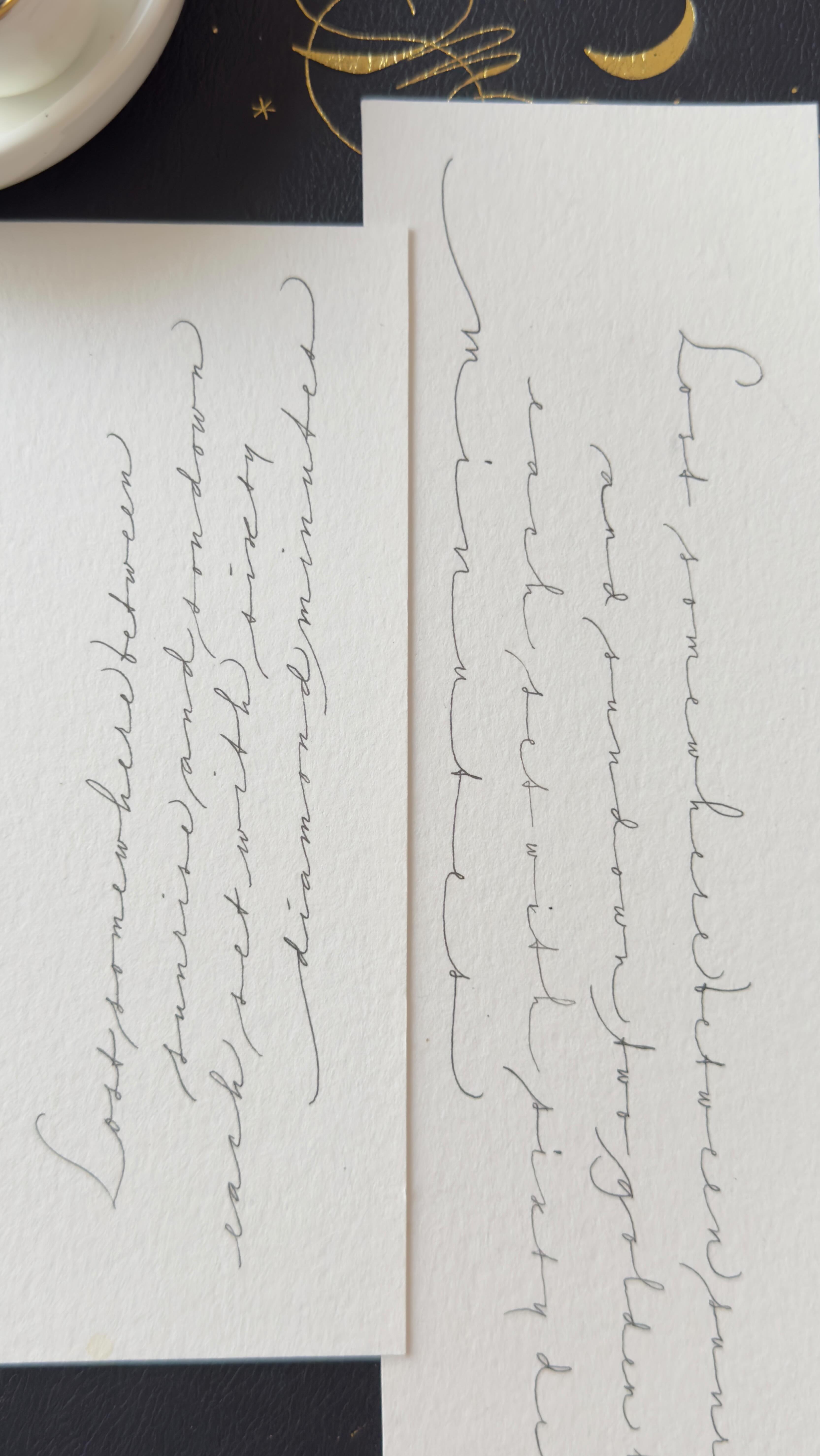 Preparing for Session 2 of Dancing with Spencerian.
This was written on a leftover scrap of cardstock, with three waltzes playing in the background.
In Session 2, we begin placing our basic steps into movement, exploring how the writing can shift in character, much like dance does, from the glide of a waltz to something more restrained.
That is part of what weโll explore: how to begin finding your own rhythm, how letters start to connect like choreography,
and how the writing begins to travel across the page.
At the end, I cut the card into two small fragments of writing, itโs a reminder that even a scrap can still carry the movement.
#learnpointedpen #spencerian #dancingwithspencerian #marthalaurens #sydneycalligrapher