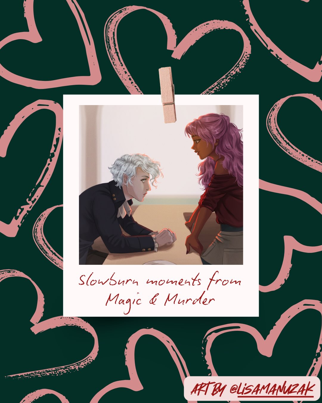 First book happens in the course of a week, so we’ve got the initial sparks of admiration and attraction. We have the foundations of friendship. As I have been going through book 2’s copyedits… I have jokingly dubbed it THE YEARNING pass.
Character art by @lisamanuzak
#wlw #lgbtq #sapphicbooks #fantasybooks #bookstagram