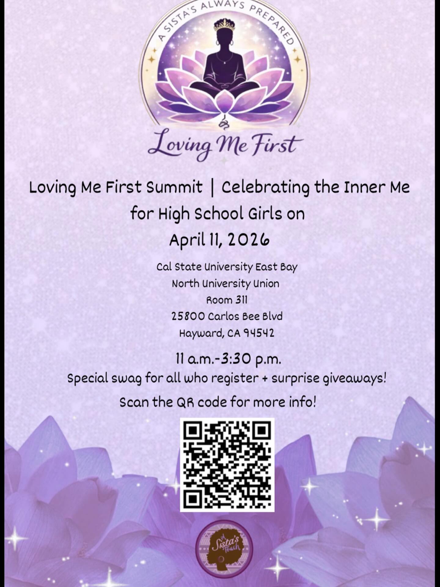 Calling high school girls. A Sista’s Touch wants to pour into you. Join us for our free event, Loving Me First | Celebrating The Inner Me. 💜 Link in our bio.