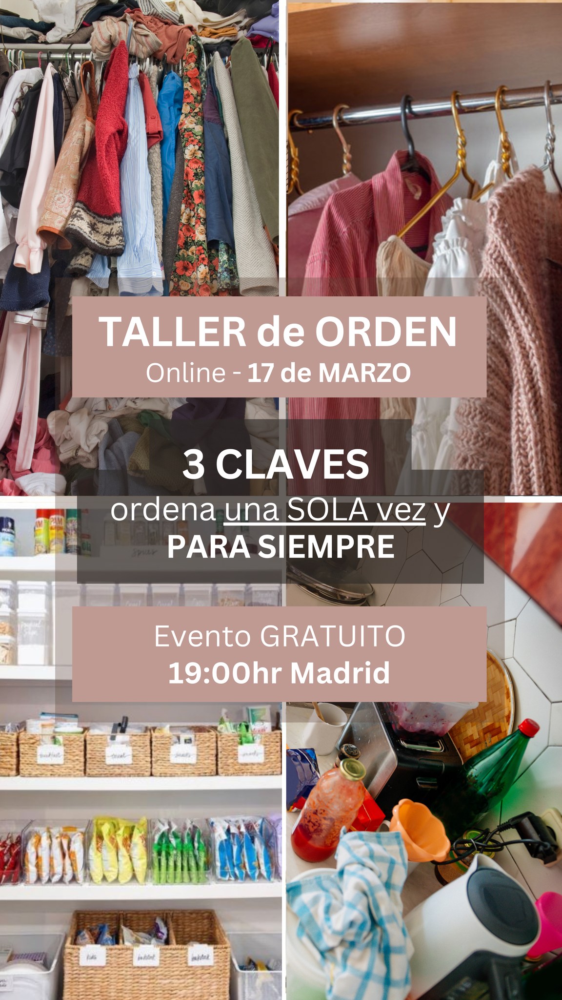 CLAVES para ordenar con resultados duraderos.
Así que me centraré en que aprendas 3 CLAVES para que ordenes UNA sola vez y para SIEMPRE.
Son claves del programa de acompañamiento con el que trabajo y ayudo a que las personas acaben con el desorden y la acumulación de objetos para siempre.
¿Por qué este taller?
Llevaís tiempo tanto en la comunidad privada de TRES INTERIORES, como por aquí por Instagram en comentarios y mensajes privados, preguntándome
""¿Pero por qué llevo yo tantos años queriendo acabar con el desorden y no lo consigo?""
A veces son barreras que no conseguís salvar y por las que realmente nunca empezáis el proceso de ordenar con un compromiso fuerte, y otras veces estáis accionando, haciendo muchas cosas, pero el orden no se mantiene y ya no puedes más!!!
Pues nos vamos a centrar en este segundo caso en este TALLER.
Mientras lo seguimos preparando, ya tenemos fecha y dónde puedes apuntarte. Así que si quieres asistir, comenta con la palabra TALLER en este contenido y te envío el link.
Que tengas un buen día"
