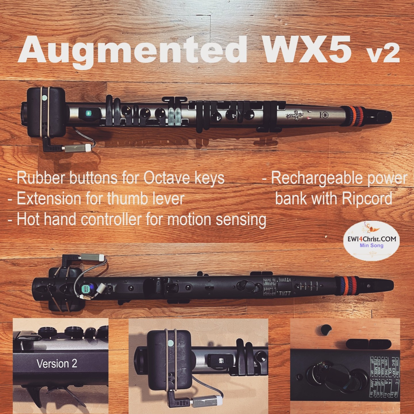- modified my Yamaha WX5 wind controller to achieve more expression, comfort and accuracy in playing. I didn't feel comfortable with the original plastic octave keys. So I replaced them with rubber buttons. My right thumb is difficult to reach the original pitch wheel. I added the extension for easy access and control. Now I can use it for modwheel vibrato(down) and portamento (up). The hot hand wireless controller is added for motion sensing - used for scream, growl and flutter. It is totally wireless thanks to CME WIDI midi transmitter and powered by the rechargeable powerbank. I don't need to use AAA batteries.
#ewi #windcontroller