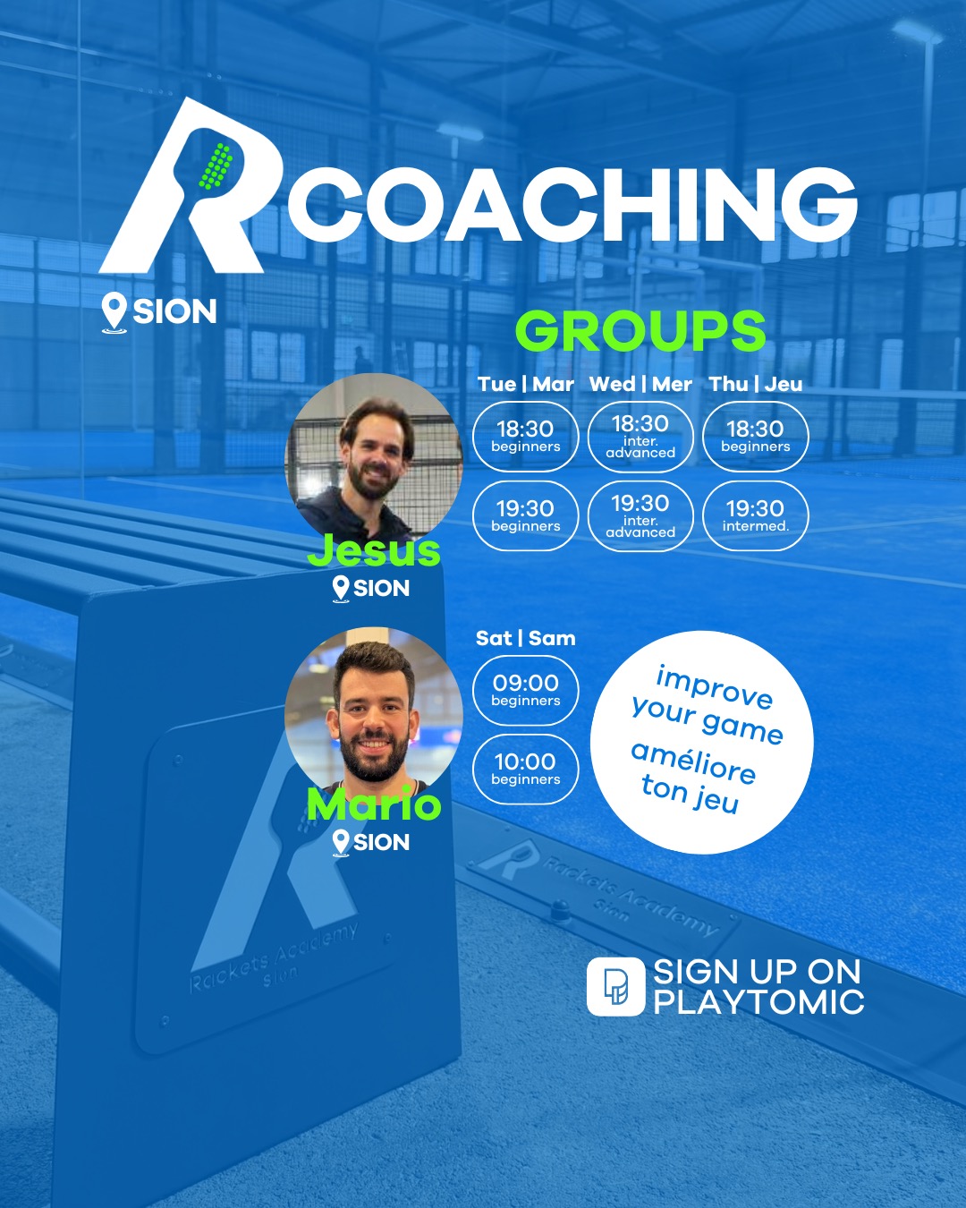 Envie d’améliorer votre tactique, votre positionnement et votre jeu d’équipe ?
📅 Cours hebdomadaires dès le 16 mars
💰 30 CHF / session
📅 Inscription mensuelle (résiliable chaque mois)
👥 Minimum 2 joueurs
✅ Idéalement 3 joueurs + coach = 4 sur le court
➡️ Situations réelles de match → progression beaucoup plus rapide
👉 Le mieux est de venir avec votre partenaire de padel
Mardi
18h30 – Débutants (0–1.5) https://shorturl.at/ZVYO1
19h30 – Débutants (0–1.5) https://shorturl.at/jiDll
Mercredi
18h30 – Intermédiaire avancé (2.5–4) https://shorturl.at/odieC
19h30 – Intermédiaire avancé (2.5–4) https://shorturl.at/v7yKm
Jeudi
18h30 – Débutants (0–2) https://www-tinyurl.com/69710938
19h30 – Intermédiaire (1.5–3) https://www-tinyurl.com/0a4c74b6
Samedi
9h00 – Débutants (0–1.5) https://www-tinyurl.com/9a409e29
10h00 – Débutants (0–1.5)https://www-tinyurl.com/333add16
💪 On se réjouit de vous voir sur le court !