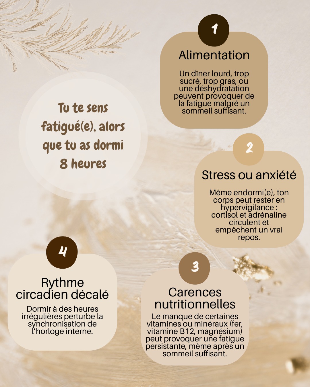 😴 Tu dors 8 heures… et tu te réveilles encore fatigué(e) ?
Ce n’est pas seulement une question de quantité, mais de qualité et d’équilibre ! Voici 4 raisons fréquentes :
1️⃣ Stress permanent – Même la nuit, ton corps peut rester en alerte. Le cortisol circule et empêche un vrai repos. Résultat : tu te lèves fatigué(e), même après 8 heures au lit.
2️⃣ Alimentation inadaptée – Un dîner trop lourd, trop sucré ou trop gras mobilise de l’énergie pour la digestion au lieu de permettre à ton corps de se régénérer.
3️⃣ Carences nutritionnelles – Manque de fer, magnésium, vitamine B12… sans ces micronutriments essentiels, ton corps ne récupère pas complètement, et la fatigue s’installe.
4️⃣ Rythme circadien décalé – Dormir à des heures irrégulières ou très tard dérègle ton horloge interne. Même si tu dors 8 heures, ton corps n’a pas le temps de passer par toutes les phases de sommeil réparateur.
💡 Astuce naturopathique : harmonise ton rythme, privilégie des repas légers le soir, expose-toi à la lumière naturelle le jour et prends soin de ton stress pour retrouver une énergie durable !
#fatigue #sommeilreparateur #naturopathie #energie #stress #nutrition #rythmecircadien #bienetre #hygiènedevie #healthyhabits #micronutriments #viesaine #soultherapy #naturopathe06