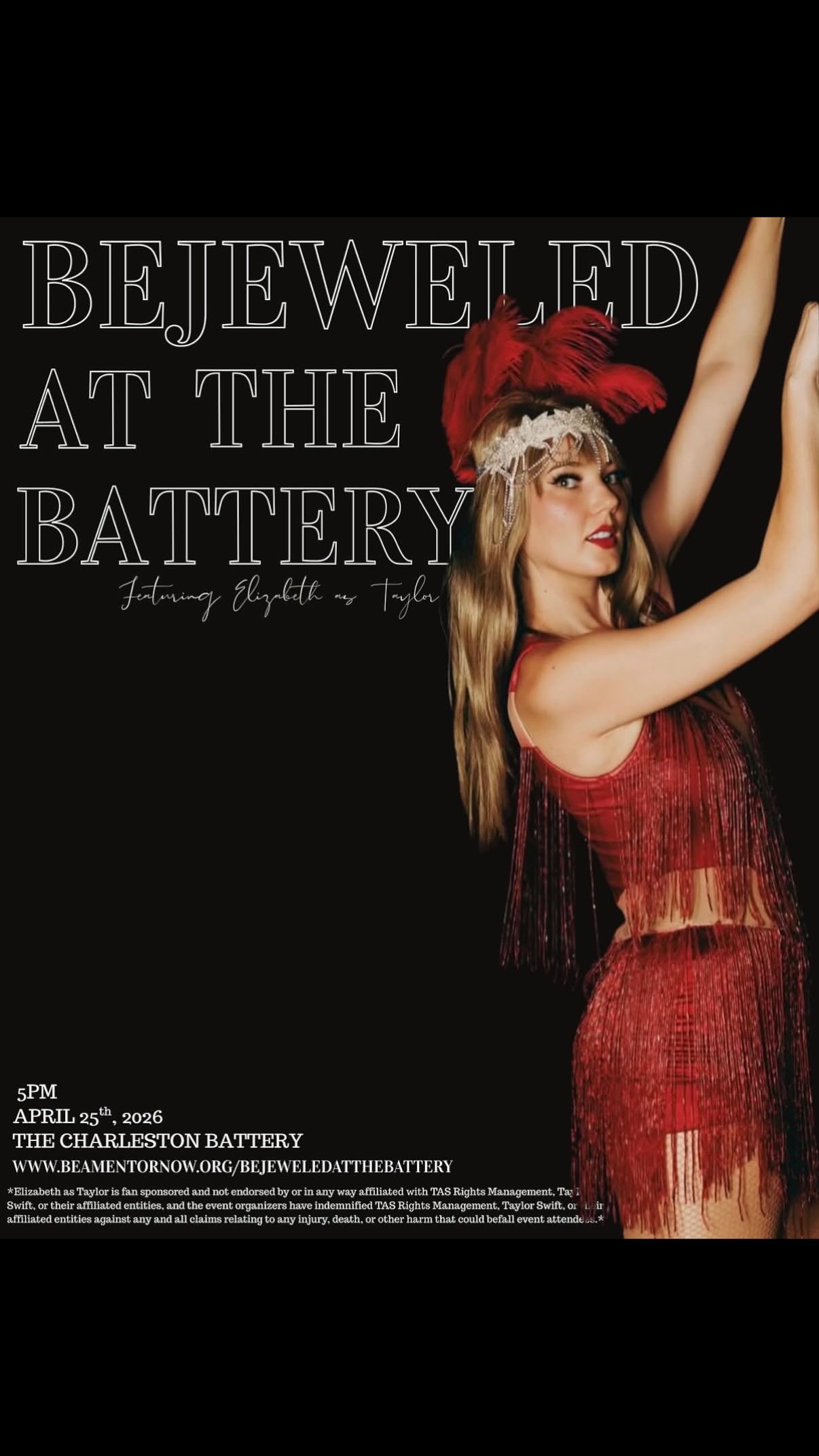 ✨✨So excited to be playing at home in Charleston on April 25th for @beamentornow✨!
Come to Bewjewled at the Battery and celebrate with all of our favorite songs for a great cause🤍✨🫶🏼
4/25 5pm
#bejeweledatthebattery #beamentor #charleston #mtpleasant #taylorswifttribute
*Elizabeth as Taylor Music is an unofficial tribute to Taylor Swift and Taylor Swift’s music and is not endorsed by or in any way affiliated with TAS Rights Management, Taylor Swift, or their affiliated entities, and the event organizers have indemnified TAS Rights Management, Taylor Swift, or their affiliated entities against any and all claims relating to any injury, death, or other harm that could befall event attendees.*