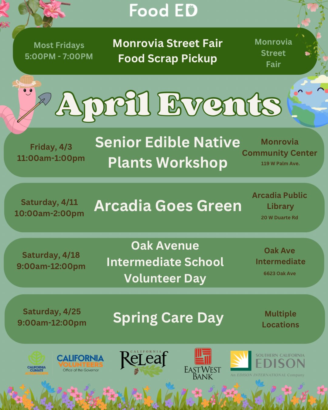*Correction: Oak Avenue Intermediate School Volunteer Day will be Saturday, 4/18 from 8:00–11:00 AM.
🌎 Spring into Earth Month with us! 🌱
Join us this April for volunteer days, workshops, and other ways to learn, give back, and celebrate the planet!
However you choose to join us, there are plenty of opportunities to get your hands in the soil and support our community! We hope to see you there! 🌿✨