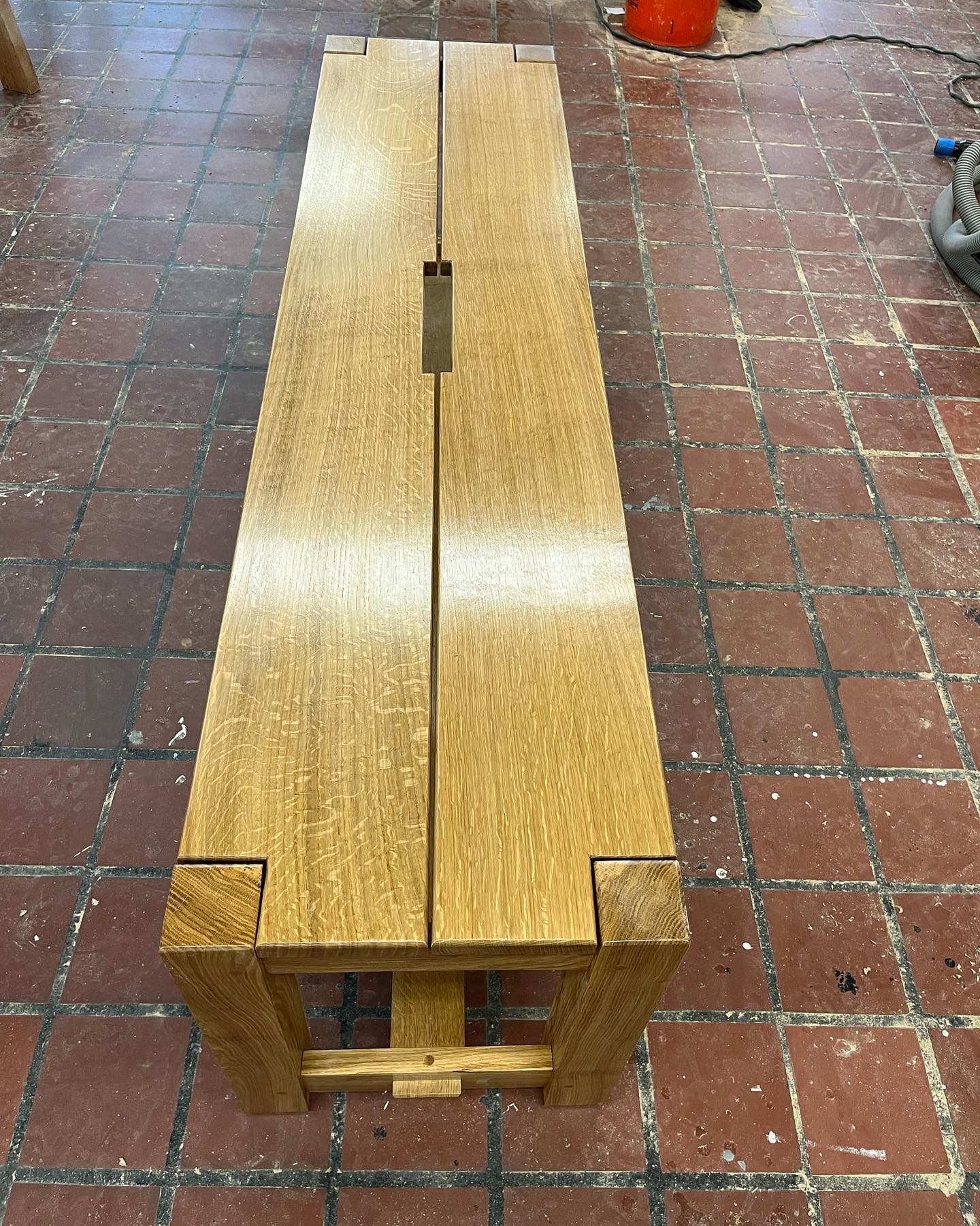 A bench in quarter-sawn white oak for our friends at @launebread