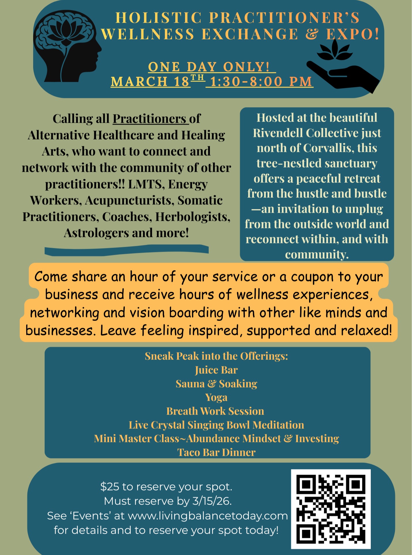Announcing my newest collaborative event! I am so excited to be networking with so many amazing practitioners and business owners these days and this event is curated to bring those amazing people together for our own retreat of sorts! Sharing services, ideas, energy and simply having time together to be able to further the network of community supporting and co-creating together!