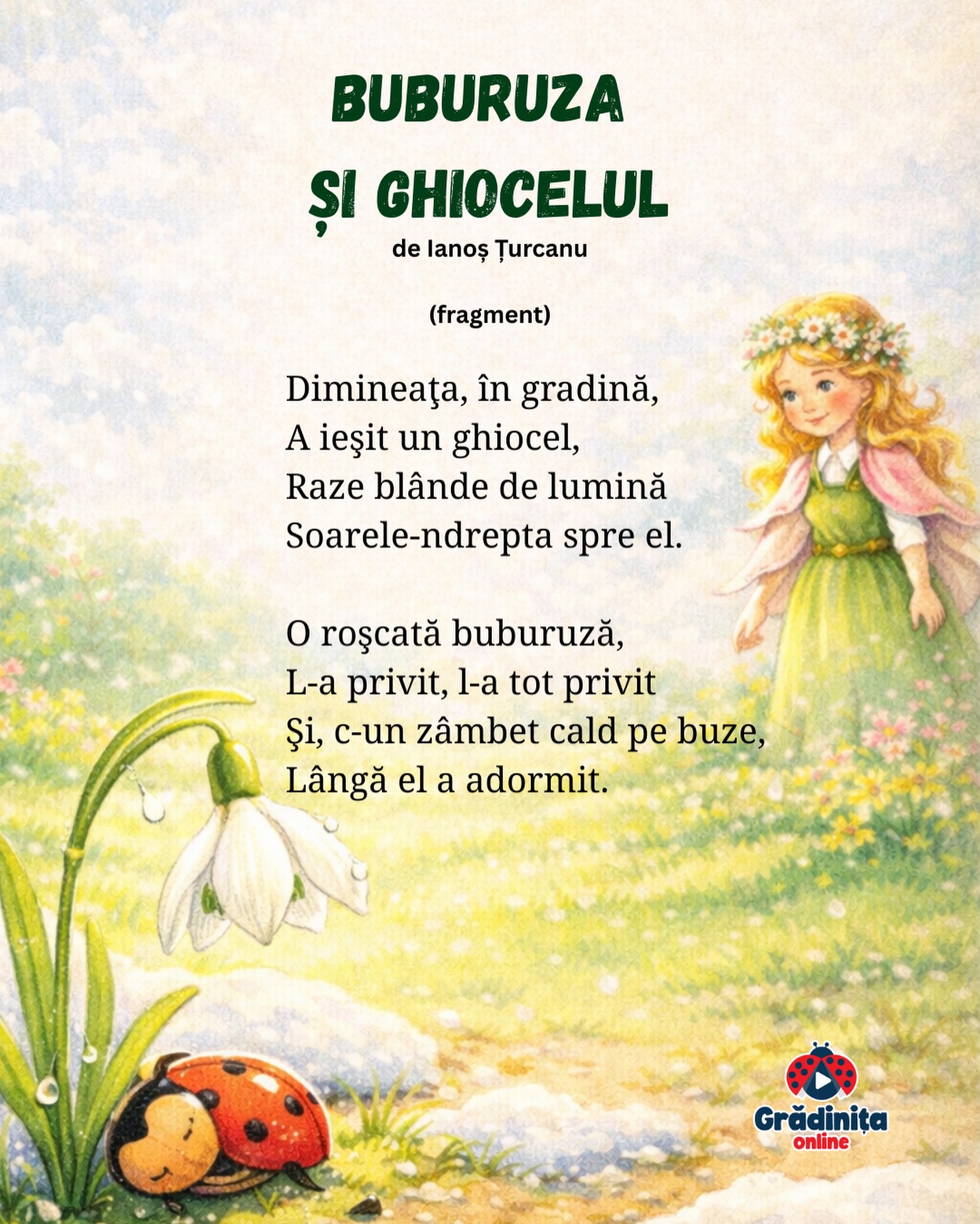 Buburuza și ghiocelul
de Ianoș Țurcanu
(fragment)
Dimineaţa, în gradină,
A ieşit un ghiocel,
Raze blânde de lumină
Soarele-ndrepta spre el.
O roşcată buburuză,
L-a privit, l-a tot privit
Şi, c-un zâmbet cald pe buze,
Lângă el a adormit.
#poezii #poeziicopii