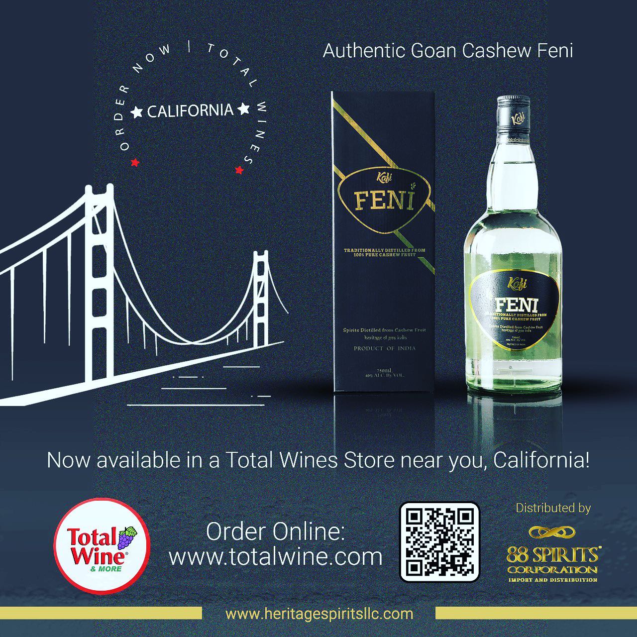 The wait is over! California, you can now get a bottle of FENI at the following Total Wines Stores!
📍5791 Five Star Boulevard Roseville CA 95687
📍 2250 Bridgepointe Pkwy San Mateo CA 94404
📍2765 E. Bidwell St. Folsom CA 95630
📍Laguna Blvd., Suite 140 Elk Grove CA 95758
📍2121 Arden Way Sacramento CA 95825
📍43484 Boscell Road Fremont CA 94538
📍5140 Cherry Ave Ste 30 San Jose CA 95118
📍 5170 Stevens Creek Blvd. San Jose CA 95129
📍1010 North Rengstorff Ave Mountain View CA 94043
📍 311 Gellert Blvd. Daly City CA 94015
📍250 Buskirk Ave Pleasant Hill CA 94523
📍3161 Crow Canyon Place San Ramon CA 94583
📍1121 Pleasanton 4225 Rosewood Drive Pleasanton CA 94588
#kafifeni #feni #craftliquor #goa #goan #goandrink #india