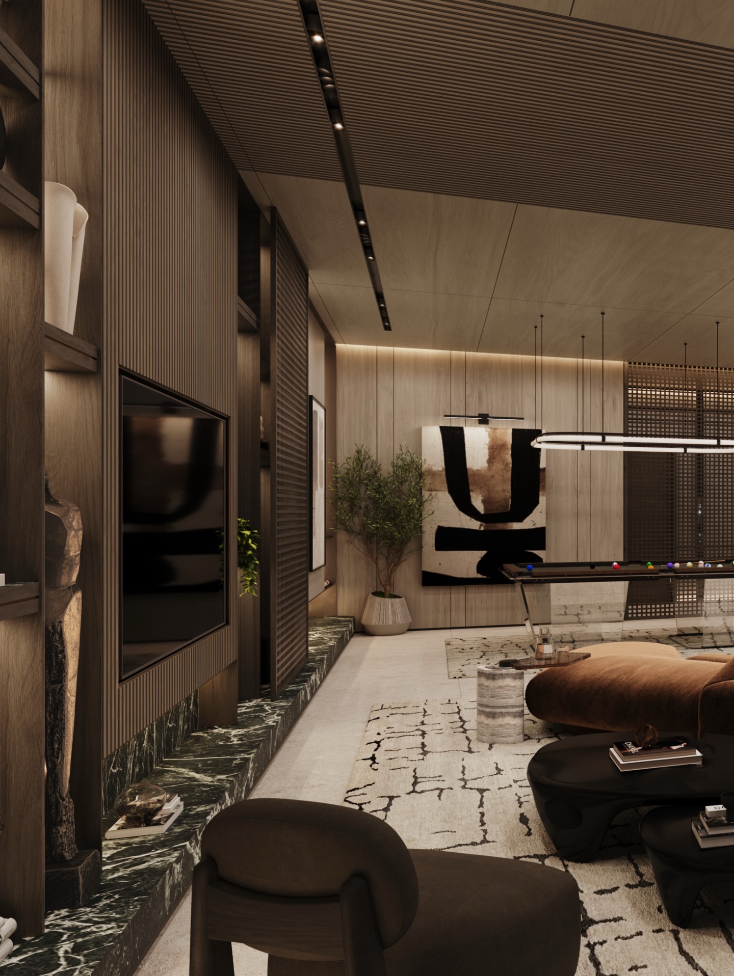 A curated palette of dramatic marble slabs, fluted wood paneling, and ambient cove lighting defines this elevated living space. From the custom bar wall to the sculptural seating arrangement, every element is composed to balance texture, scale, and warmth creating a refined atmosphere of modern opulence.
#InteriorDesign #Design #Dubai #DubaiLifestyle #DubaiLife
Interior: @mwm_studio_dubai
Client/developer: @theuppalgroup
Client rep: @genesispro.ae