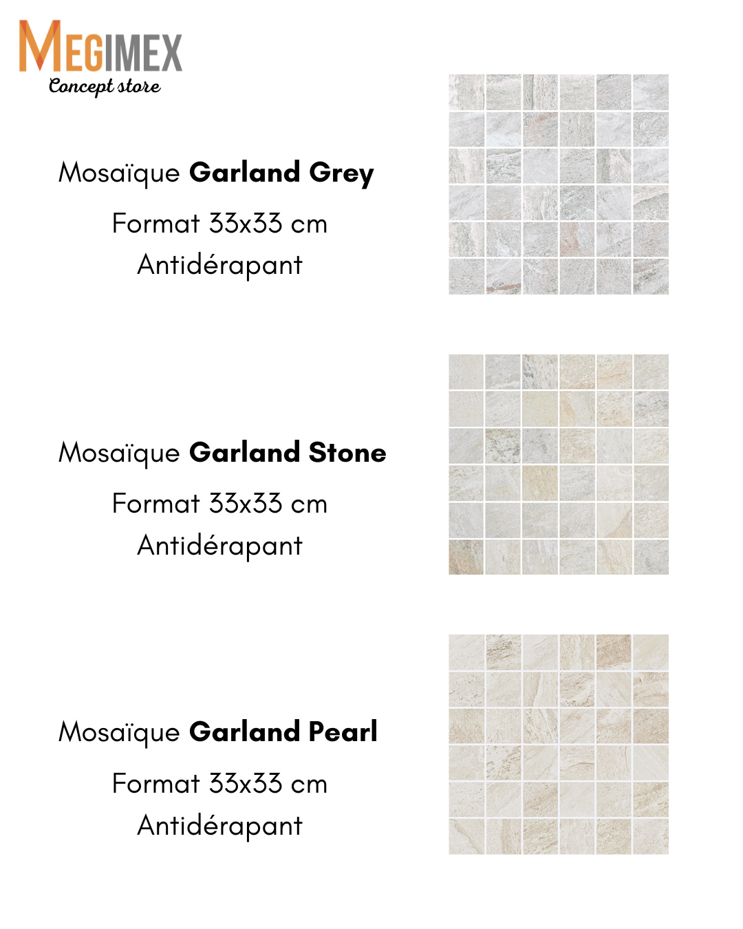 Élégance, texture et modernité réunies ✨
La mosaïque Garland Grey, Pearl & Stone en format 33x33 cm séduit par ses nuances douces et sa finition antidérapante, idéale pour allier style et sécurité au quotidien.
Ainsi que la mosaïque Roc Gold & Grey en format 30x30 cm, elle révèle un contraste subtil entre tonalités minérales et reflets chaleureux.
Deux univers qui dialoguent pour créer des espaces à la fois contemporains, raffinés et pleins de caractère.
#carrelage#mosaique#guadeloupe#tendance#foryou#designinterieur
#decoration#antidérant