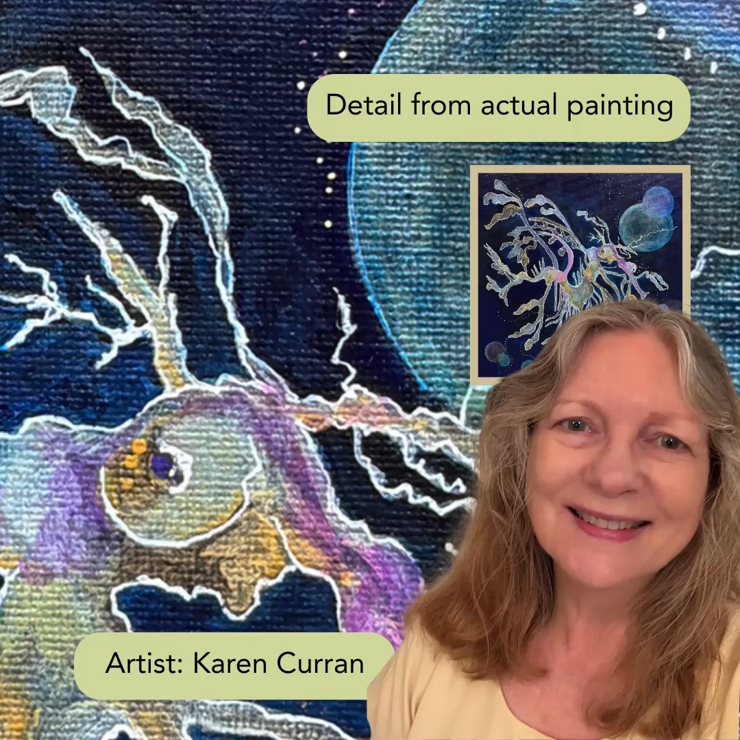 Detail from my canvas painting Fantastical Flow. Acrylics, inks, metallics on canvas.
I personally love the feeling of flow and wonder.
The picture has a story - about the sea dragon that leads us into quiet wonder.
The sea dragon spiritually reminds us to 'go with the flow', embodying and encouraging a slower pace of life, adaptability and peace.
Fixed in a floating frame painted in a light gold colour.�
Art and story Copyright
Karen Curran 2026
Australia
www.theheartofus.au