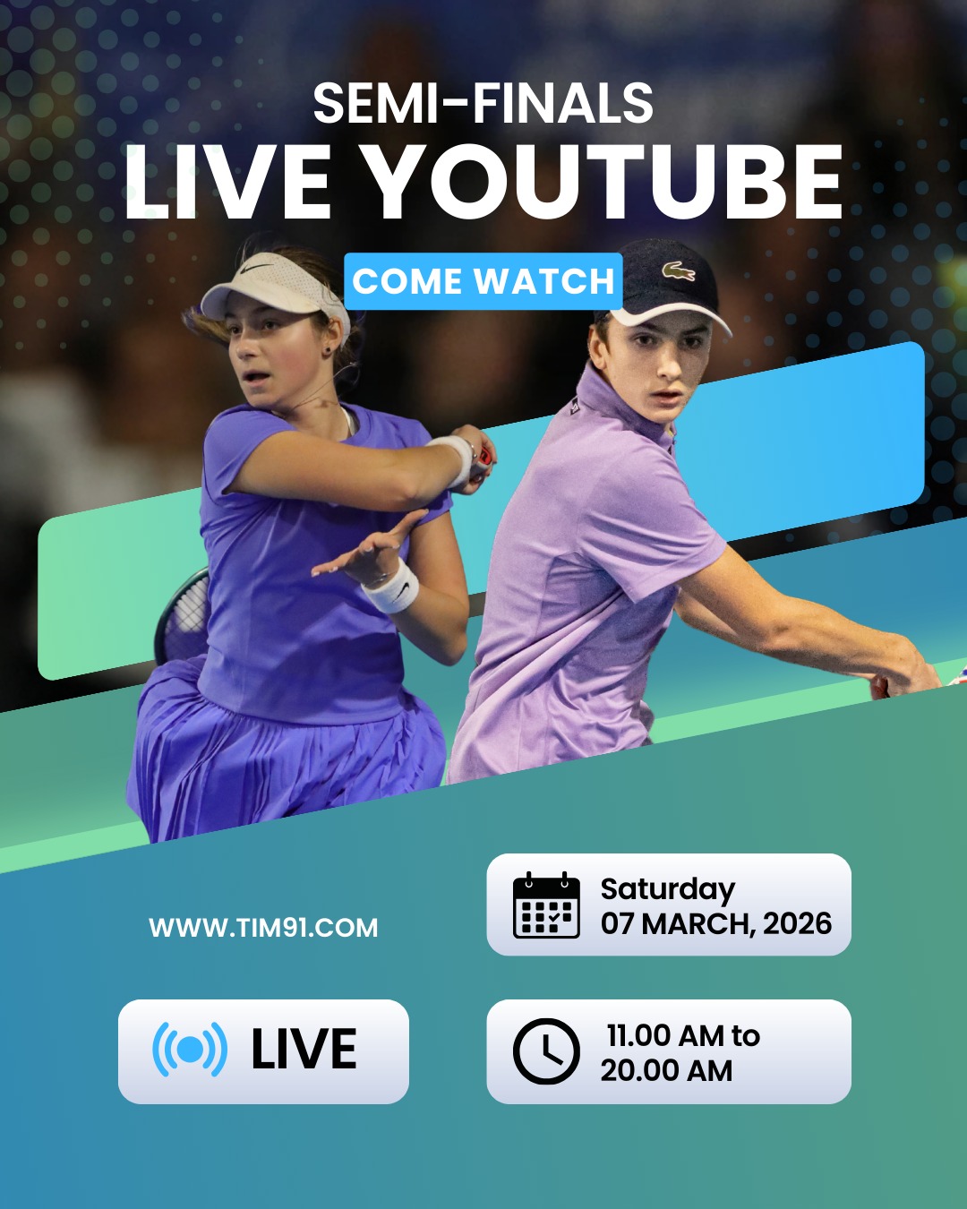SEMI-FINALS LIVE 🎥
The TIM Essonne 2026 semi-finals are coming up and the action will be streamed live on YouTube.
Watch some of the best U14 players in the world battle for a place in the final of the tournament.
📅 Saturday, March 7, 2026
⏰ From 11:00 AM
Don’t miss a single point — join us live here 👇
https://www.youtube.com/watch?v=1kGqX3s1x_o
#TIMEssonne #TennisEurope #JuniorTour #NextGenTennis #LiveTennis