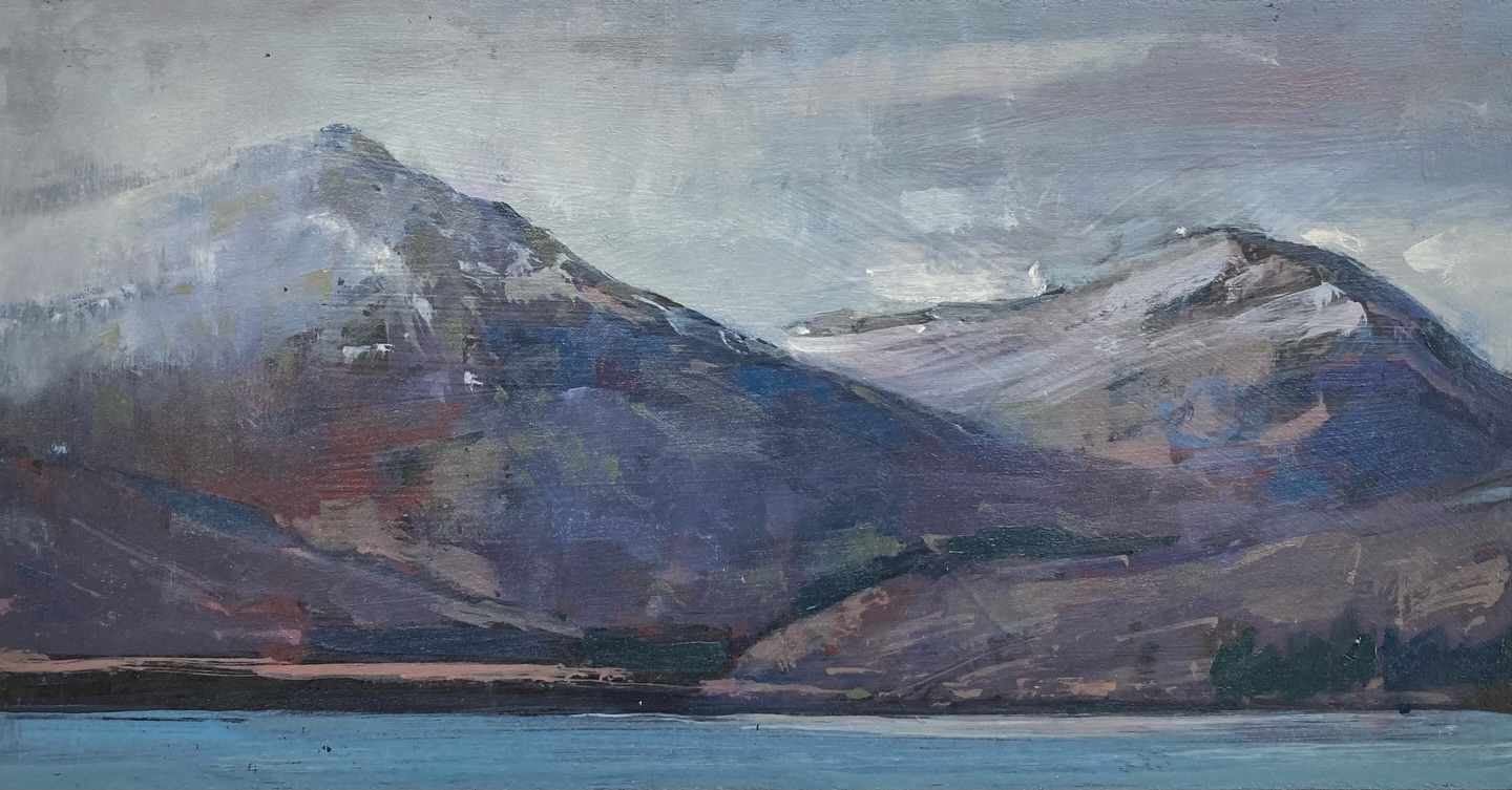 Here’s another painting from mull, on the shores of a loch. It was quite a dreich morning with interesting greys in the distant hills.