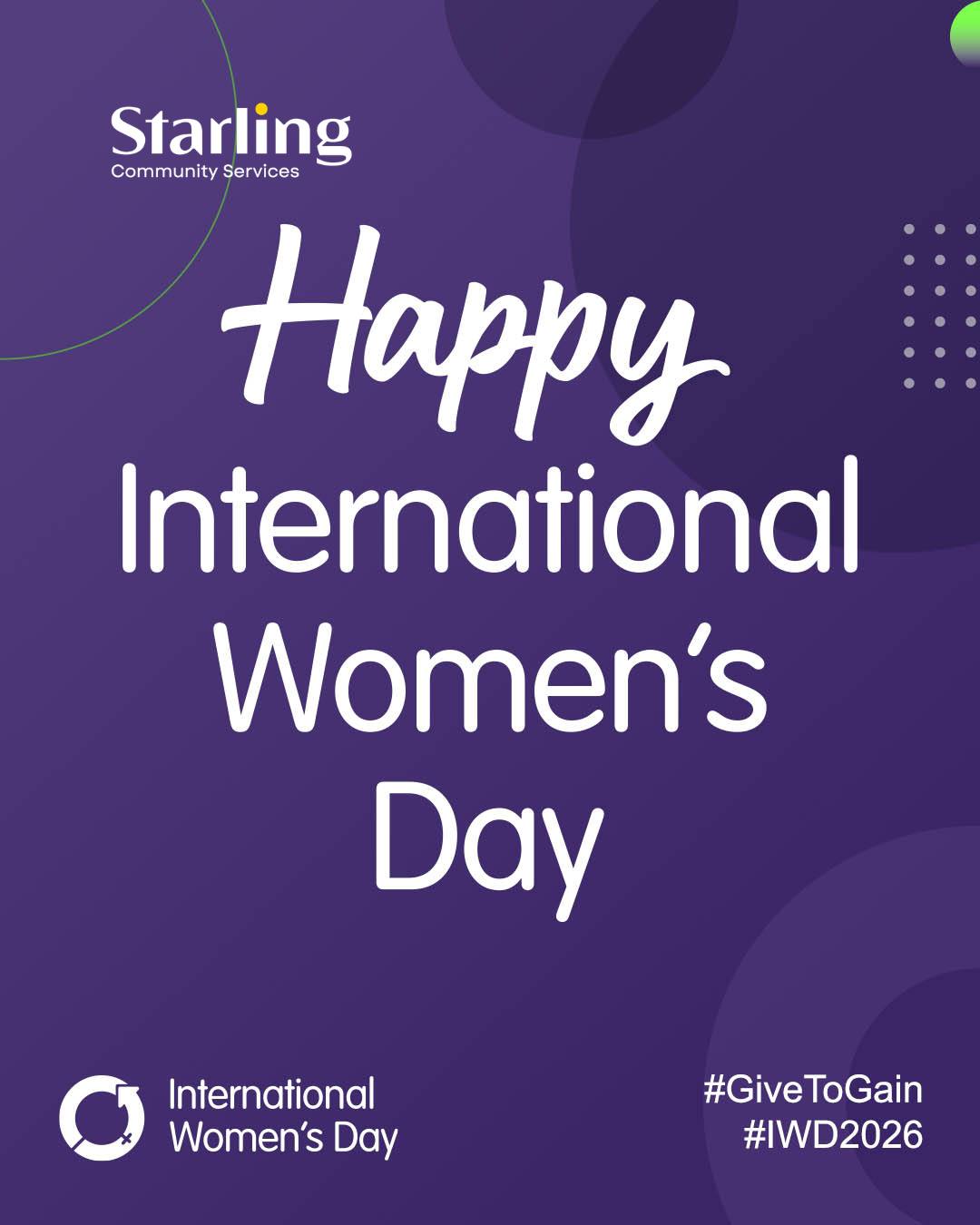 Happy #InternationalWomensDay to the remarkable women of all intersecting identities within our community, at Starling, and around the world!
The #IWD2026 Give To Gain Campaign inspires us to champion generosity and collaboration, because when we give, we gain.
Share this post to show your support of International Women’s Day and gender equality. 💜
#IWD2026 #GiveToGain