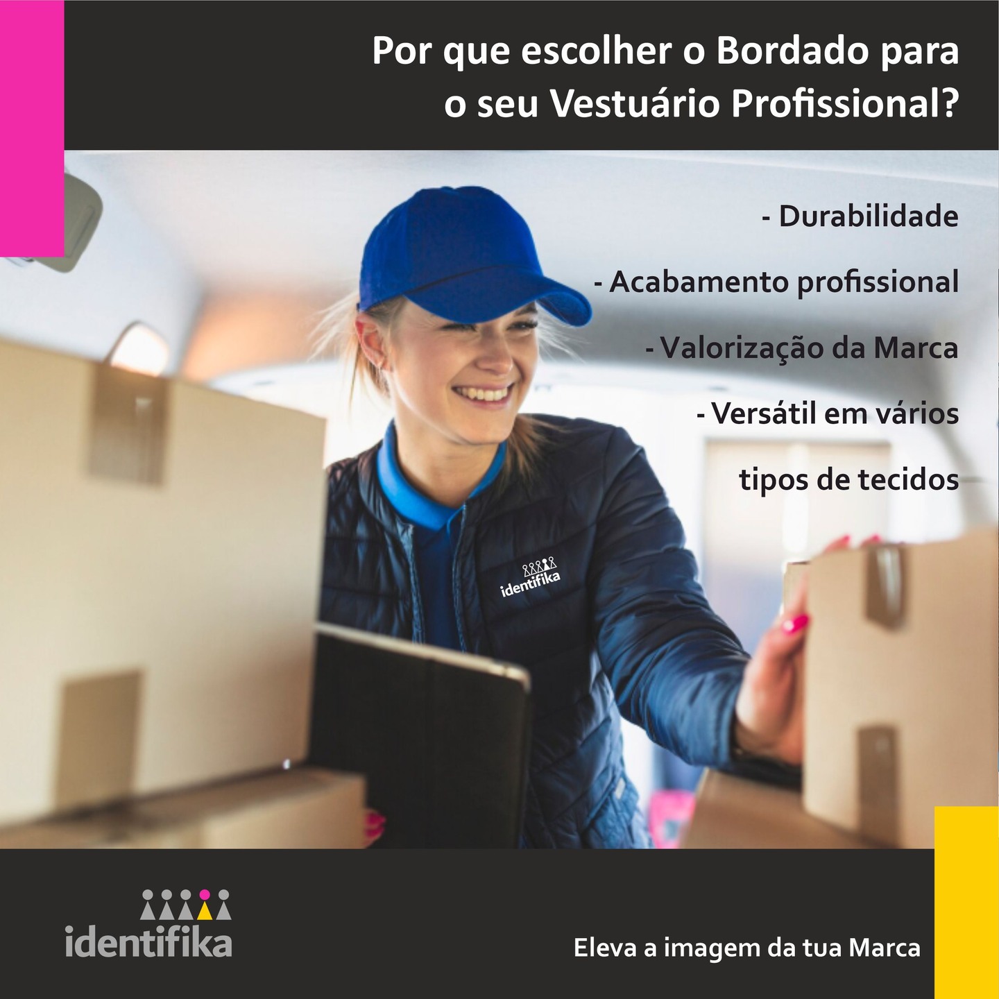 Por que escolher o Bordado para o seu Vestuário Profissional?
- Durabilidade
- Acabamento profissional
- Valorização da Marca
- Versátil em vários tipos de tecidos
⭐Personalização têxtil👚
Bordado | Estampado
identifika | eleva a imagem da tua Marca
contacto@identifika.pt
Tlm. 916 481 307
www.identifika.pt