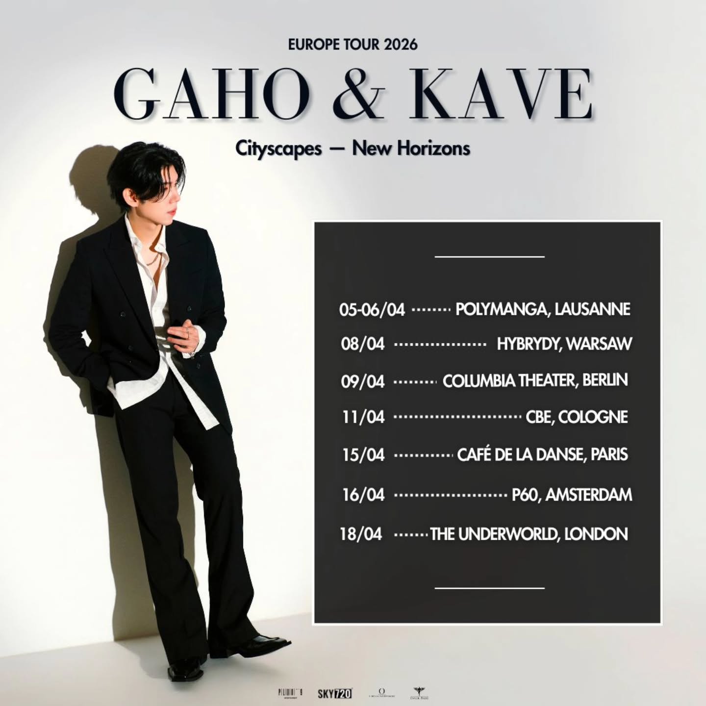 GAHO & KAVE — EUROPE TOUR 2026
A unique voice.
A powerful live energy.
A tour Europe has been waiting for.
Korean singer, songwriter and producer Gaho is coming to Europe with his band KAVE for a series of exclusive concerts.
Recognized worldwide for “Start Over”, the iconic OST from the drama Itaewon Class, Gaho has built a reputation for his powerful vocals, emotional performances and genre-crossing music.
On stage, his voice meets the raw energy of KAVE, a band built around one simple idea: freedom of expression and fearless sound.
Together they deliver a live experience that moves between rock, pop and deep emotion.
Cityscapes — New Horizons
A new chapter begins.
Tour Dates
05–06/04 — @polymanga, Lausanne
08/04 — @klubhybrydy, Warsaw
09/04 — @columbiatheater, Berlin
11/04 — @cbe_cologne, Cologne
15/04 — @cafedeladanse_paris, Paris
16/04 — @p60poppodium, Amsterdam
18/04 — @theunderworldcamden, London
Get ready to experience one of the most captivating voices of the Korean music scene live in Europe.
Tickets on sale Thursday, March 12 at 18:00 (CET)
Benefits on sale
Thursday, March 12 at 20:00 (CET)
www.envolprod.com
#GAHO
#KAVE
#GahoKaveEuropeTour
#CityscapesNewHorizons
#KopInEurope
