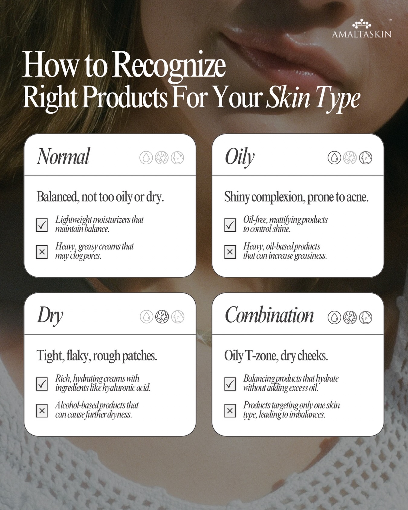 Here’s how you can recognize right skin products for your skin type to take better care of it. ✨
#amaltaskin #skintypesolutions #skinproducts #skinroutine