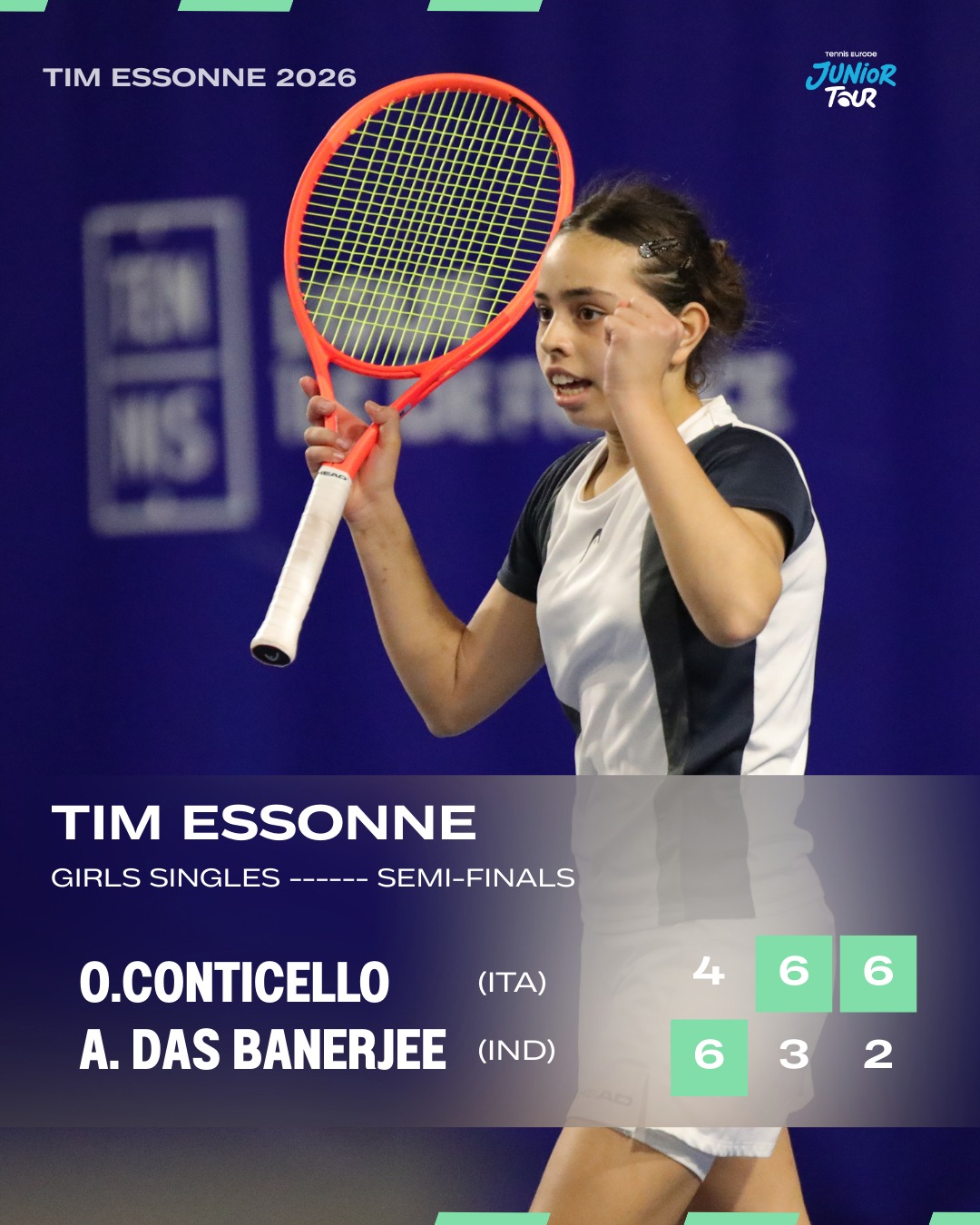 Girl's Singles Semi-final ✨
Olivia CONTICELLO (ITA) def. Adwita DAS BANERJEE (IND) 4-6, 6-3, 6-2
After dropping the opening set, Olivia CONTICELLO showed great resilience to turn the match around and secure her place in the TIM Essonne final.
India’s Adwita DAS BANERJEE started strong and took the first set 6-4, but the Italian gradually raised her level. More solid from the baseline and sharper in the key rallies, CONTICELLO took control of the match to win the next two sets.
A strong comeback and a well-earned ticket to the final.
#TIMEssonne #TennisEurope #JuniorTour #NextGenTennis #RoadToTheFinal