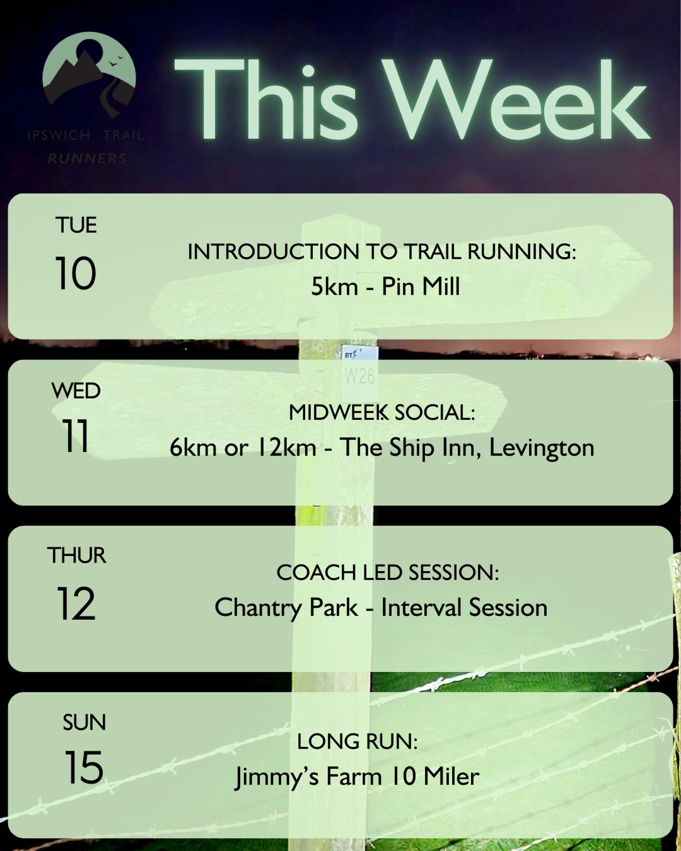🌲 This Week’s Trail Adventures! 🌲
Whether you’re new to the trails or chasing that long run buzz, we’ve got something for everyone. Join us for friendly miles, good company, and a bit of muddy fun around Suffolk!
Tues: Intro to Trail Running at Pin Mill
Wed: Midweek Social from The Ship Inn, Levington
Thurs: Coach-led Intervals at Chantry Park
Sun: Jimmy’s Farm 10 Miler
All paces welcome just bring your sense of adventure! 🙌🏃♀️🍃
#ipswichtrailrunners #runclub #trailrunning
