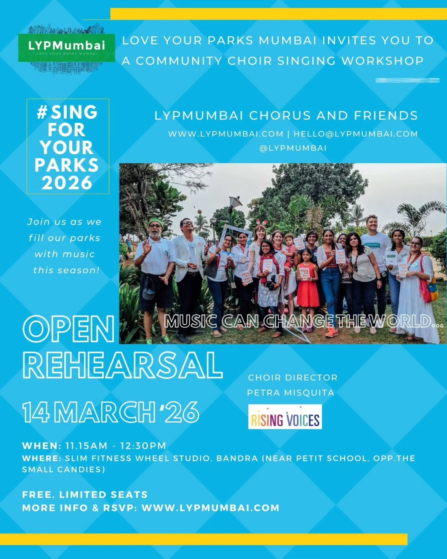 Love Your Parks Mumbai invites you to a community choir singing workshop!
#SingForYourParks is back!
LYPMumbai chorus and friends, let's go!
Open rehearsal NEXT SATURDAY, 14 March.
Free. Limited seats. More info and RSVP on www.lypmumbai.com (link in stories too)
LYPMumbai chorus brings us hope.
Choir director: Petra Misquita ft. Rising Voices
Music can change the world. And it's always better when we're together! Do you agree?
Tag someone who should sing with us!
Join us as we fill our parks with music this season!
#loveyourparksmumbai #loveyourparksdays