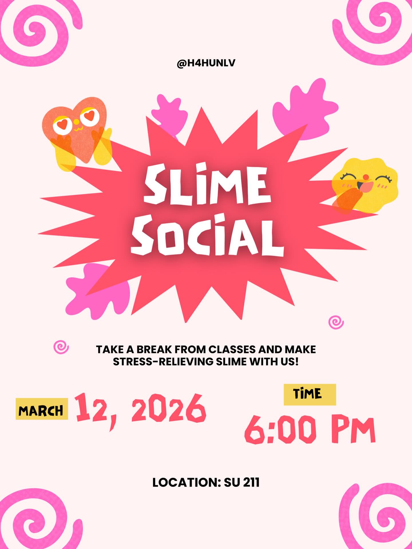 Join us on March 12th at 6:00 PM in SU 211 to make your own stress-relieving slime! We’ll have glue, borax, different colors, textures, and fun add-ins so you can customize the perfect slime to take home!
Seats and supplies are limited, so make sure to RSVP in our linktree or on our website to save your spot! 💚