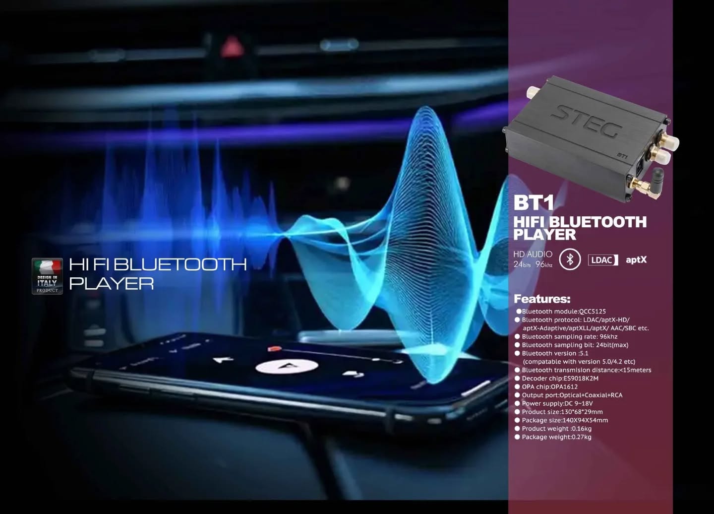 🎶STEG🇮🇹 HI FI BLUETOOTH PLAYER, the best solution in the market..
Features:
●Bluetooth module:OCC5125
●Bluetooth protocol: LDAC/aptX-HD/ aptX-Adaptive/aptXLL/aptX/ AAC/SBC etc.
● Bluetooth sampling rate: 96khz
● Bluetooth sampling bit: 24bit(max)
● Bluetooth version :5.1 (compatable with version 5.0/4.2 etc)● Bluetooth transmision distance:<15meters
● Decoder chip:ES9018K2M
● OPA chip:OPA1612
● Output port:Optical+Coaxial+RCA
● Power supply:DC 9~18V
● Product size:130*68*29mm
● Package size:140X94X54mm
● Product weight :0.16kg
● Package weight:0.27kg