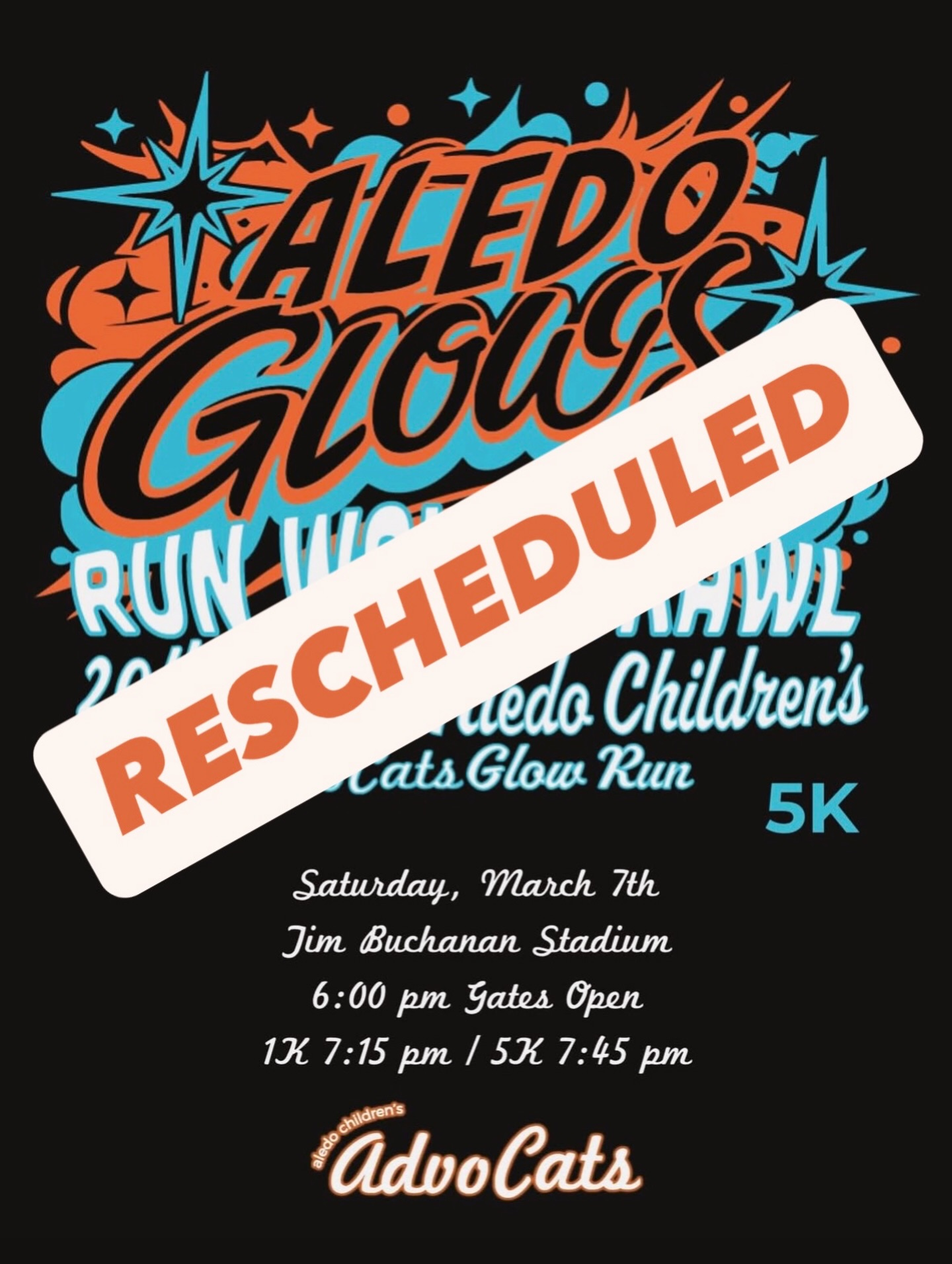 Well the rain rain did not go away…😩RACE IS OFF for tonight☔️☔️
Aledo Glows has been RESCHEDULED for April 18th! Stay tuned for updated details! 🧡🖤🌟
