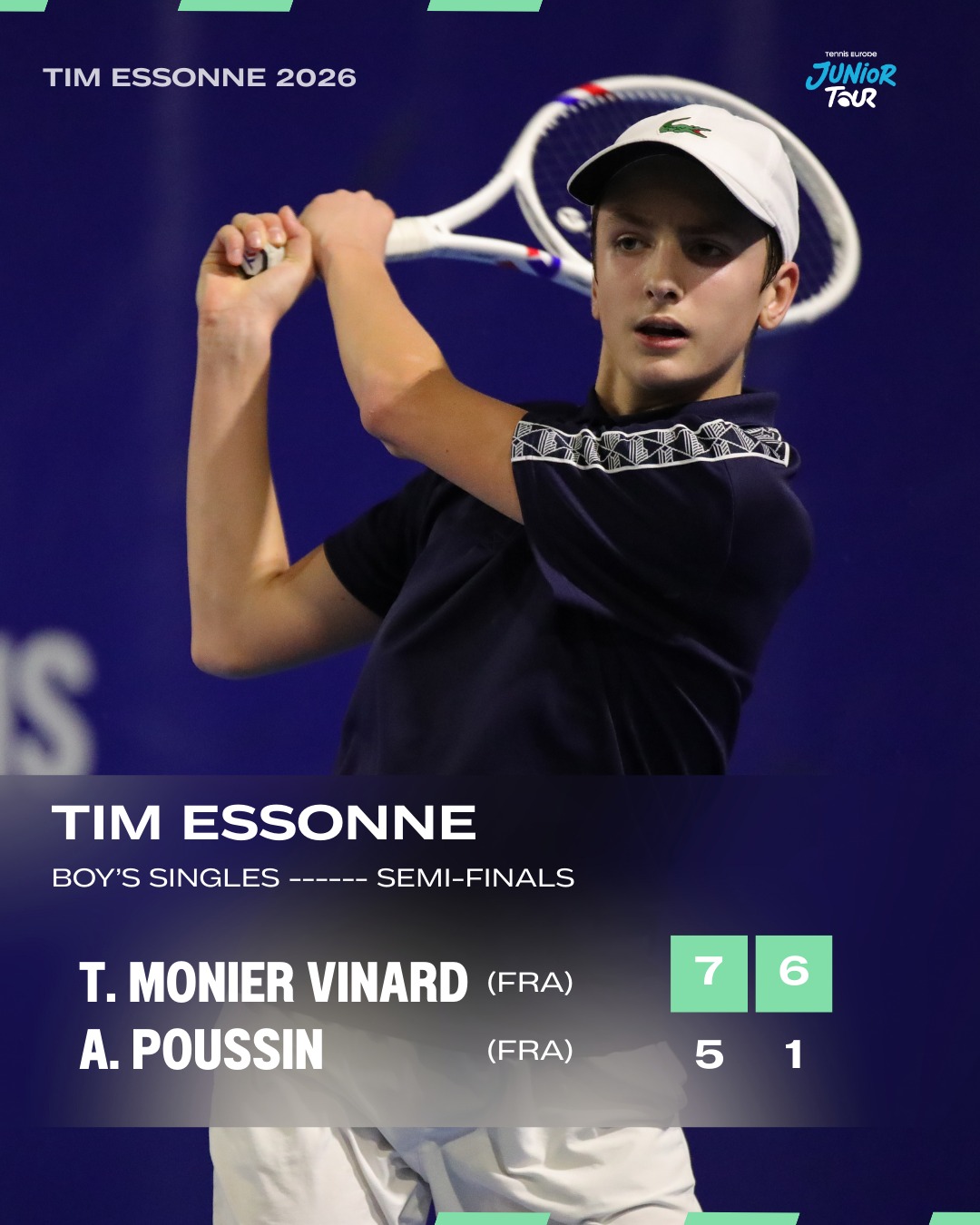 Boy’s Singles Semi-final ✨
T. Monier Vinard (FRA) def. A. Poussin (FRA) 7-5, 6-1
An all-French battle in the TIM Essonne semi-finals.
Timo Monier Vinard had to fight hard in the opening set, edging past Arthur Poussin 7-5 after a closely contested start. Once ahead, he raised his level and took control of the match, dominating the second set to seal his place in the final.
A strong performance under pressure and a deserved ticket to the championship match.
#TIMEssonne #TennisEurope #JuniorTour #NextGenTennis #RoadToTheFinal