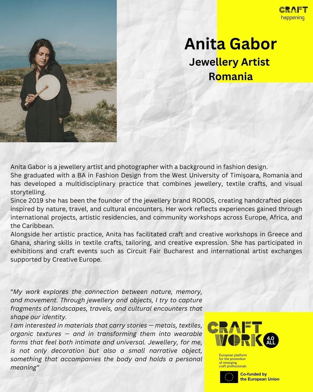 ✨Sometimes craft is not just about materials.
Sometimes it is about encounters … between people who speak the same language —the language of hands, imagination and curiosity… 🎨🌱
On 21 March at out ARThub Madeira two creators from different corners of Europe @dmquintal 🇵🇹 and Anita Gabor 🇷🇴 from @roodsbya will meet in one space to experiment, share and create. Craft happening “Reborn Beaty. Sustainable jewelry” workshop within the framework of the project @craftwork4all
Today we introduce the first voice of this duet —
🙏Anita Gabor from Romania.
Jewellery artist. Photographer. Story collector.
After studying fashion design at the West University of Timișoara, Anita began exploring how objects can carry memories. In 2019 she founded the jewellery brand ROODS @roodsbya where recycled materials, textures and fragments of journeys transform into handcrafted pieces inspired by nature, travel and cultural encounters.
Her creative path has taken her through art residencies, workshops and projects across Europe, Africa and the Caribbean— always searching for new stories hidden in materials.
At the Craft Happening “Reborn Beauty” workshop she will meet Madeira’s own fashion designer Diana Quintal@and Together they will explore a simple but powerful question: ❓❔
What new beauty can be born from forgotten materials?
A meeting of two makers.
And maybe… the beginning of a new craft story.
📅 21 March 2026
🕚 11:00 📩artassociationmadeira@gmail.com
Co-founded by Creative Europe
#Craftwork4All #artemassociation #artcentercaravel #creativeeurope #europacreativa