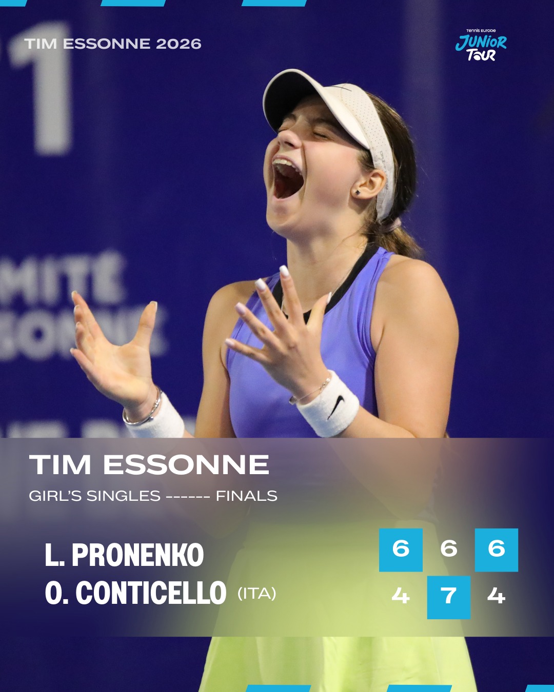 Lyubov PRONENKO sacrée championne ! 🔥🏆✨
Finale Simple Filles
L. PRONENKO bat O. CONTICELLO (ITA) 6-4, 6-7, 6-4
Quelle finale au TIM Essonne 2026.
Dans un match extrêmement disputé, intense physiquement et émotionnellement, Lyubov PRONENKO a fini par prendre le dessus sur l’Italienne Olivia CONTICELLO pour s’adjuger le titre.
La rencontre a été un véritable bras de fer. Conticello, impressionnante tout au long de la semaine après être sortie des qualifications internationales, disputait déjà son 8ᵉ match du tournoi et n’a jamais cessé de se battre.
De son côté, Pronenko, pourtant gênée par une blessure à la jambe, a dû puiser dans ses ressources. Après avoir laissé filer le deuxième set, la tension est montée dans le troisième où la joueuse a brièvement craqué avant de se reprendre et conclure la rencontre.
Au terme d’un combat haletant, Lyubov PRONENKO est sacrée championne du TIM Essonne 2026.
#TIMEssonne #TennisEurope #JuniorTour #NextGenTennis
––––––––––––––––––––––––––––––––––
Lyubov PRONENKO crowned champion! 🔥🏆✨
Girls’ Singles Final - TIM Essonne 2026
L. PRONENKO def. O. CONTICELLO (ITA) 6-4, 6-7, 6-4
What a final at the TIM Essonne 2026.
In a match filled with physical intensity and raw emotion, Lyubov PRONENKO overcame Italy’s Olivia CONTICELLO to claim the title.
The final turned into a true battle. Conticello, who came through the international qualifying draw, was playing her 8th match of the tournament and fought until the very end.
On the other side, Pronenko, dealing with a leg injury, had to dig deep. After letting the second set slip away, the tension peaked in the deciding set where the player briefly struggled before regaining control to close the match.
After a dramatic and hard-fought contest, Lyubov PRONENKO is crowned TIM Essonne 2026 champion.
#TIMEssonne #TennisEurope #JuniorTour #NextGenTennis