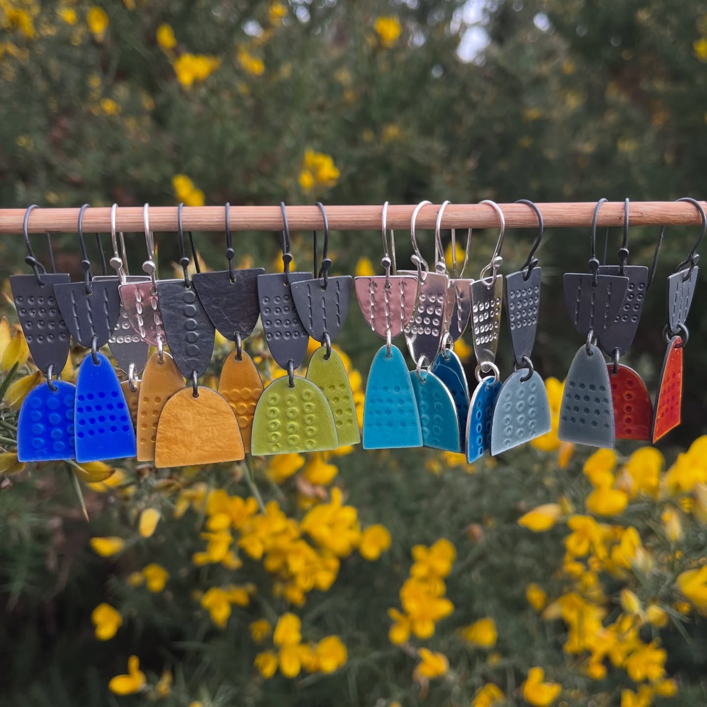 New Leonora 2 earrings amongst the Gorse and ready to go into my online shop - silver (polished and oxidised) with enamel.
#colourfulearrings #statementearrings #uniquedesign