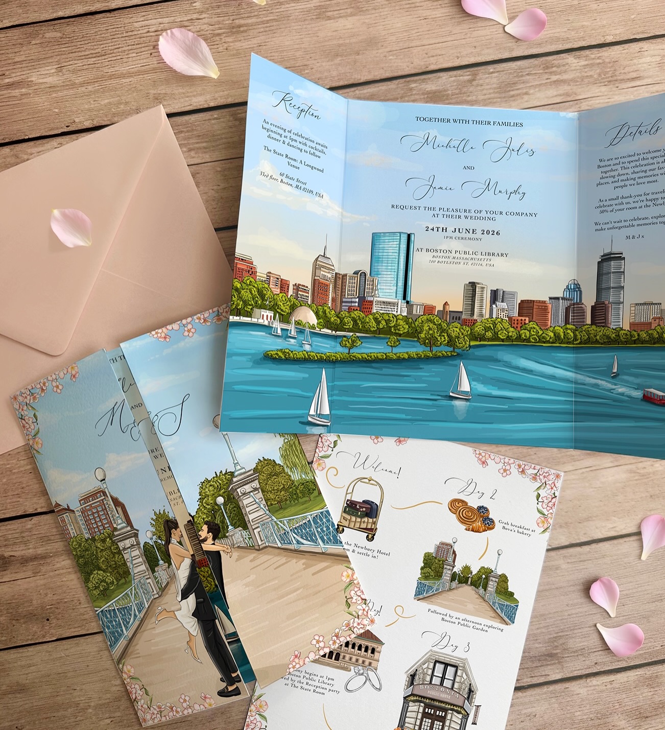 The first glimpse of the big day starts here ✨
A fully illustrated wedding invitation suite inspired by Boston-complete with skyline views, romantic details, and a weekend itinerary your guests will love.
Because every love story deserves an unforgettable introduction. 💍
•
#weddingstationery #CustomInvitations #WeddingWeekend #StationeryDesign #illustratedweddingstationery