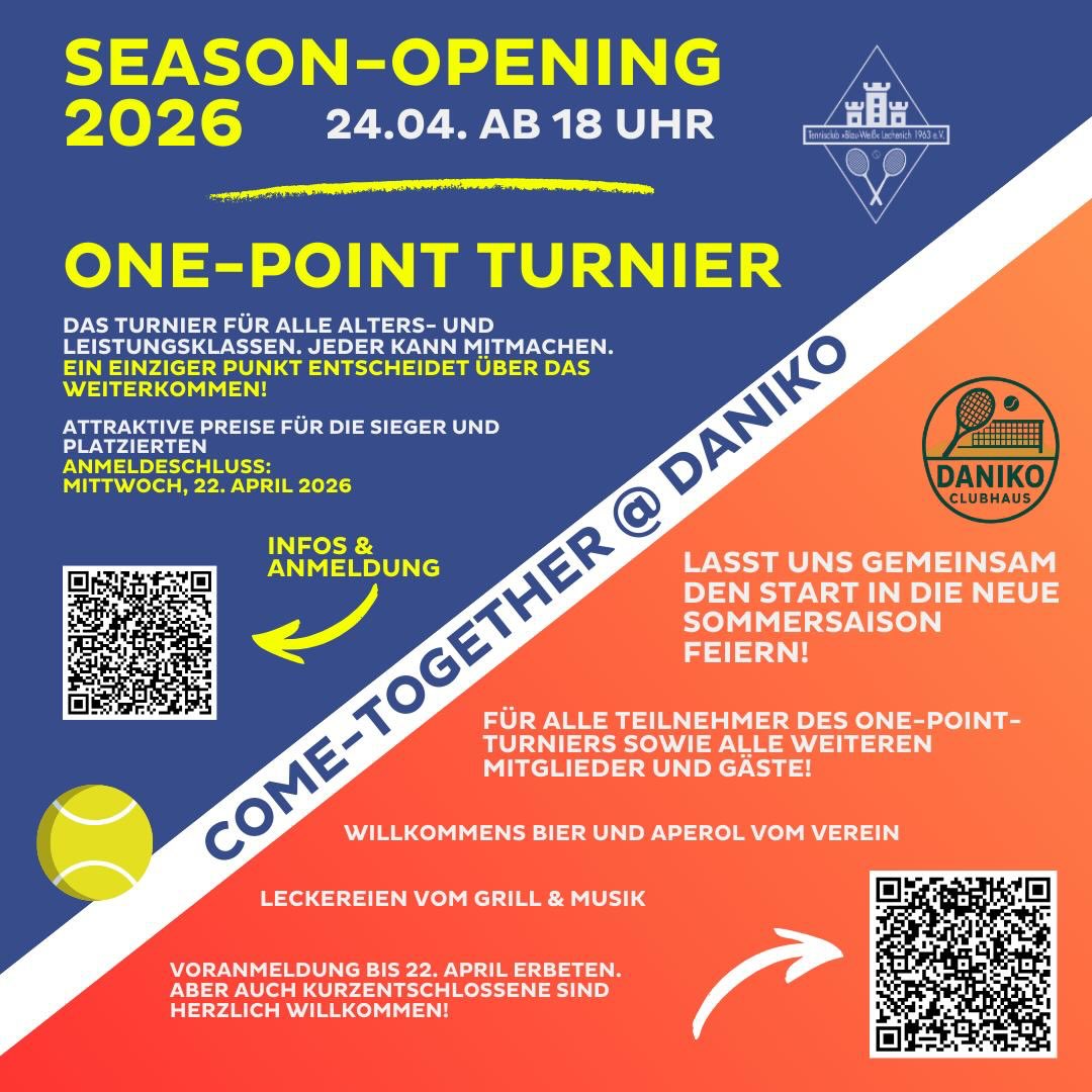 🎾 Season Opening im TCL ☀️
Am 24.04. ab 18 Uhr starten wir in die Sommersaison – mit unserem One-Point-Turnier und einem geselligen Abend im DANIKO Clubhaus.
🔥 Spannung auf dem Court
🍻 Drinks vom Verein
🌭 Grill, Musik & gute Stimmung
Kommt vorbei und feiert mit uns den Saisonstart! 🔵⚪️
#tclechenich #seasonopening #tennis #tennisevent #tennisclub 🎾