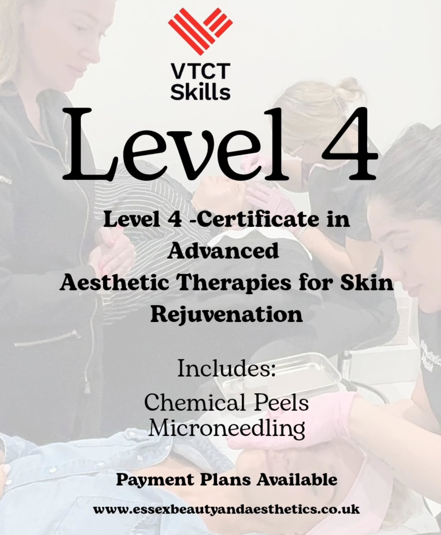 READY FOR LEVEL 4?
Take your career to the next level with our VTCT Level 4 Certificate in Advanced Aesthetic Therapies for Skin Rejuvenation.
This qualification is designed for therapists who want to move into advanced skin treatments and results-driven aesthetics.
At Essex Beauty & Aesthetics Training Academy, we focus on real clinical knowledge, safe practice and advanced skin understanding — not just quick treatments.
Course structure
Access to our online learning portal to complete your theory and assignments
5 practical training days in the academy
Work through your theory at your own pace
Up to 12 months to complete the qualification
What you’ll learn
Advanced skin science
Skin rejuvenation treatments
Microneedling
Chemical peels
Advanced consultation techniques
Contraindications and complications
Skin analysis and treatment planning
Clinical hygiene and safety
Advanced anatomy and physiology
This is a fully Ofqual regulated qualification, recognised by insurers and widely required for advanced skin treatments.
Small class sizes
In-depth manuals and learning materials
Expert tuition from experienced educators
Ongoing tutor support
Course investment £2,200
Klarna & Clearpay available
Train with one of the UK’s leading beauty & aesthetics academies and gain a qualification that genuinely advances your career.
Limited spaces available.
Message us to enrol or request the course information pack.
Essextrainingacademy#essexbeautytraining#essexbeauty#essexbusinesses#essexbusinessmums#basildonbeauty#basildontraining#basildon#wickford#billericay#VTCT-accredited