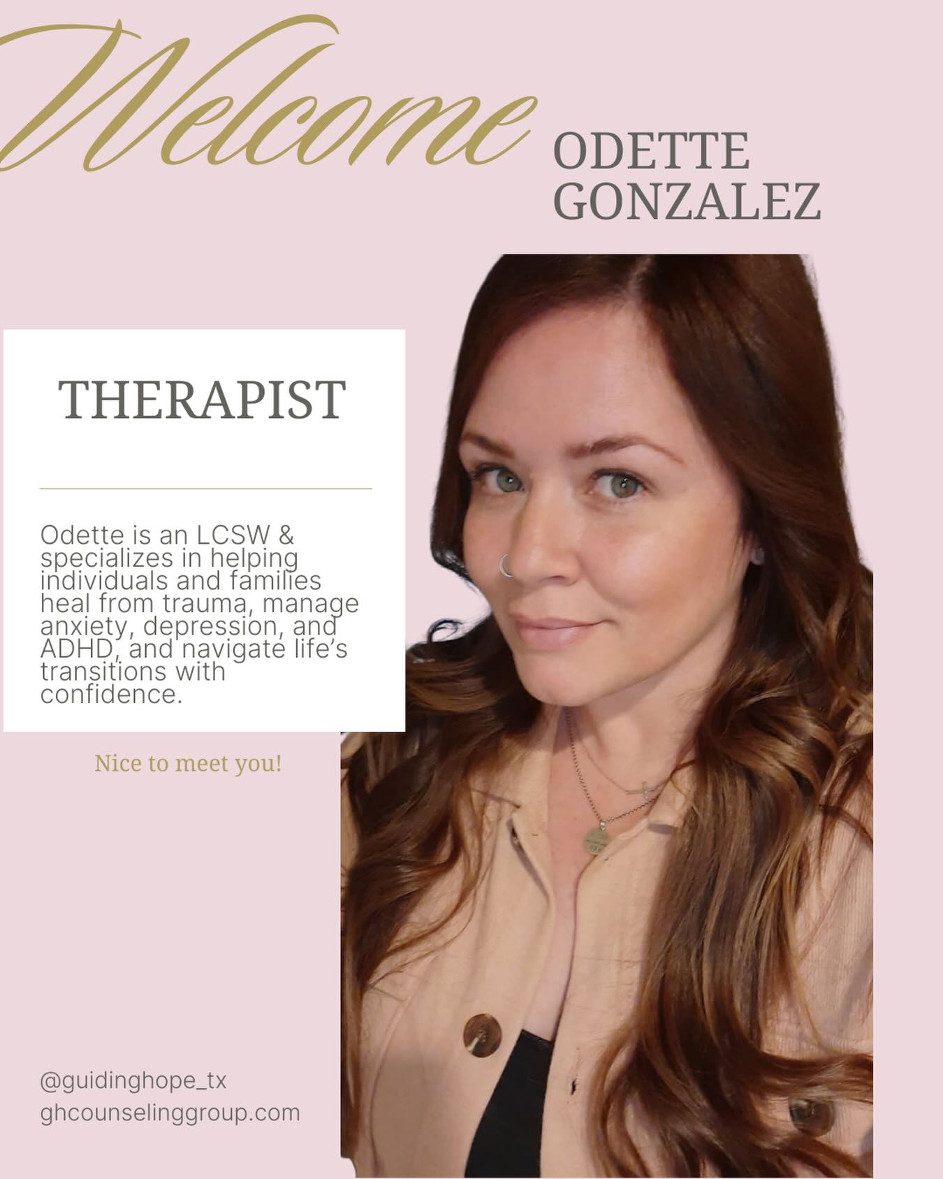 ✨ Please join us in welcoming our newest therapist, Odette, to the Guiding Hope team! ✨
Odette is passionate about empowering survivors of abuse and supporting individuals and families as they navigate anxiety, depression, ADHD, trauma, mood disorders, and major life transitions.
Her experience spans several clinical settings, including behavioral hospitals, children’s hospitals, and private practice, as well as advocacy work with organizations such as CASA of San Antonio and The Battered Women’s Shelter. Through this work, she has developed a deep commitment to supporting vulnerable populations and helping clients feel seen, supported, and empowered in their healing journey.
When she’s not supporting clients, Odette enjoys spending time with her husband and daughter, relaxing at the beach, meeting friends for coffee, and spending time with her sisters and their French bulldog, Zeus. 🐾
We are so excited to have her join our team and continue our mission of guiding growth and restoring hope for the clients we serve.
📅 Odette is now accepting new clients!
If you or someone you know could benefit from support, we invite you to schedule a consultation through the link in our bio or visit our website for more information.