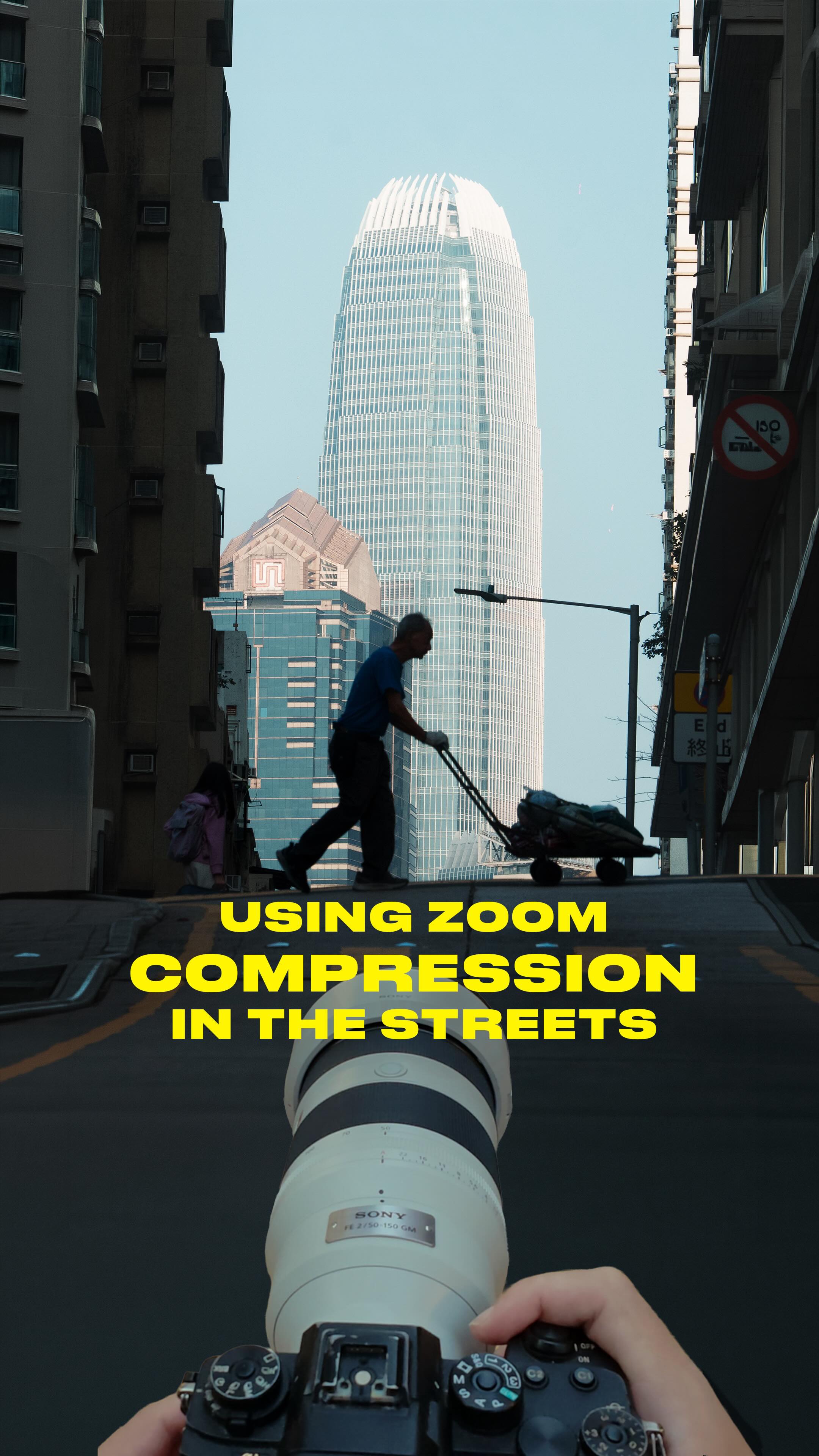 Using zoom compression in the streets of Hong Kong! 🇭🇰 waiting for the perfect subject to cross the frame infront of the skyscraper in the back! Which subject is your favourite? Vote below! 👇 #hongkong #compression #sony50150mmf2gm