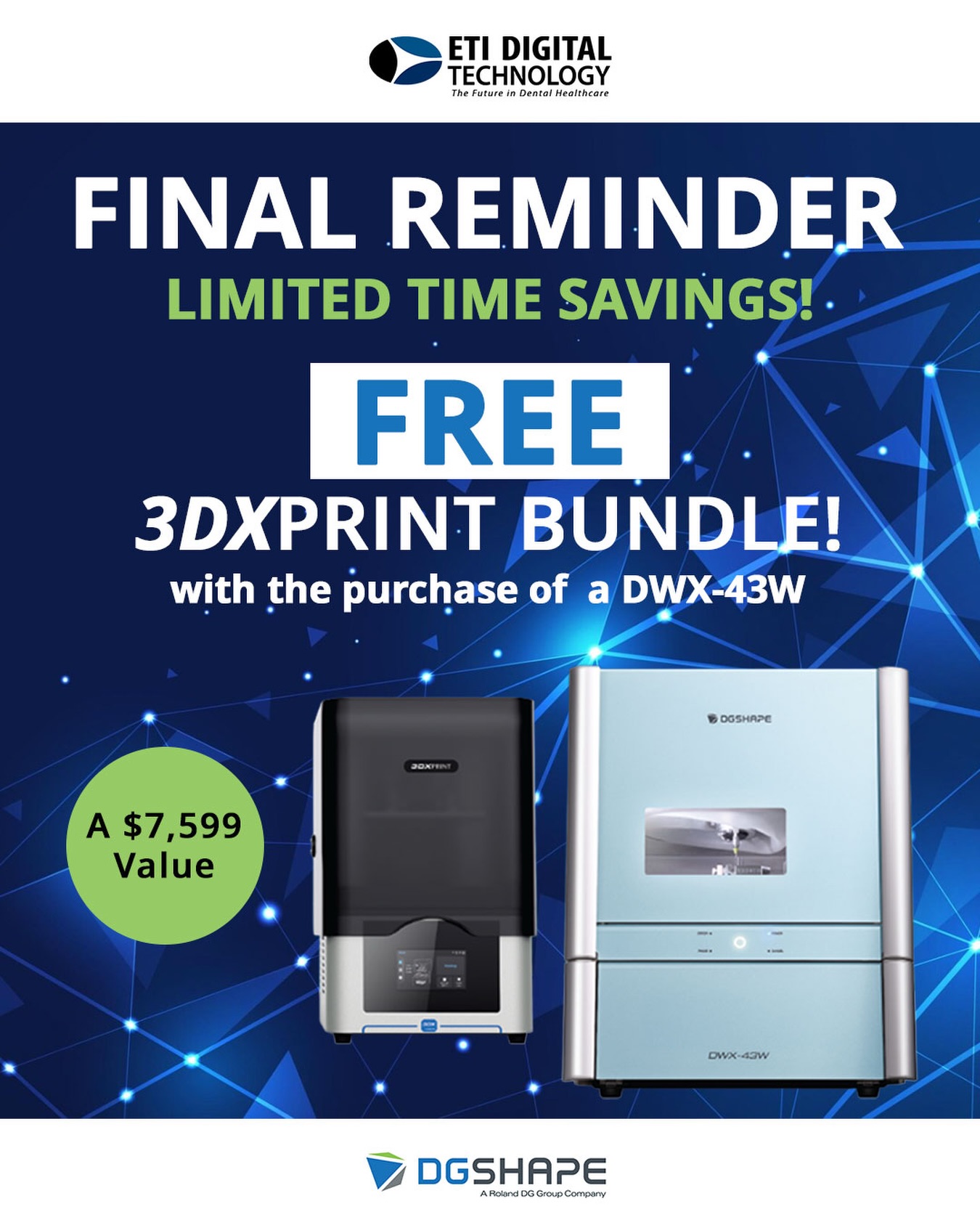 PROMO ALERT!
.
Roland DGA’s Restorative Solutions make it easy for dental businesses of all sizes to deliver fast, precise and predictable dental restorations and 3D printed applications in-house. Easily produce quality restorations and custom titanium abutments with the DWX-43W wet milling solution, and models, occlusal guards, bite splints and more in minutes with the 3DXPRINT Printer. With DGSHAPE DWX milling solutions and 3DXPRINT we have you covered. 🎉
.
Get a DWX-43W & 3DXPRINT for only $32,995 (savings of $7,599)!! Offer valid NOW to 03/16/2026. 🤗
.
📚 Don’t miss out on this awesome opportunity and get the latest Roland Wet Mill and 3DX Printer Bundle today, contact ETI Digital Technology today at 714-238-1490 or sales@etidigitaltechnology.com! 🥰
.
#etidigitaltechnology #wetmilling #3Dprinting #ambermill #chairsidesolution