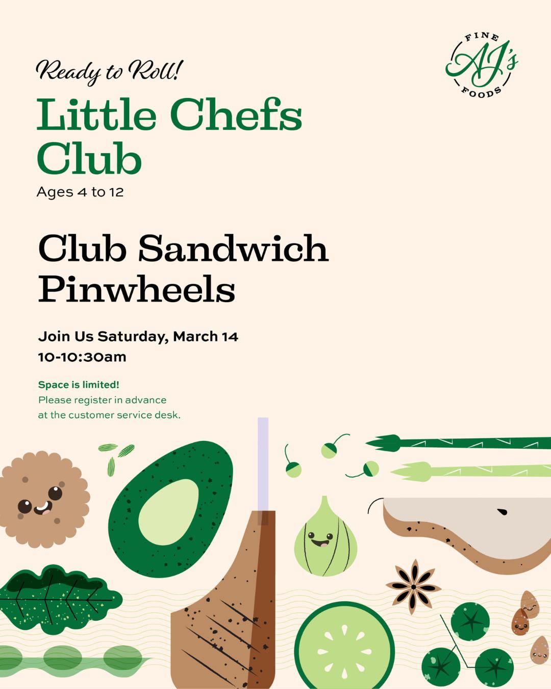 👨🍳✨ Little chefs, big flavors! Join us Saturday, March 14th as mini chefs whip up delicious Club Sandwich Pinwheels — a hands-on, tasty twist on a classic favorite!
Spots fill up fast, so be sure to sign up in advance at @ajsfinefoods customer service desk to save your little chef’s place in the kitchen! Let’s slice, roll, and snack the fun way! 🎉👩🍳
#TheShoppesatCasaPaloma #LetsShoppe #AJsFineFoods #LittleChefsClub #MiniChefs