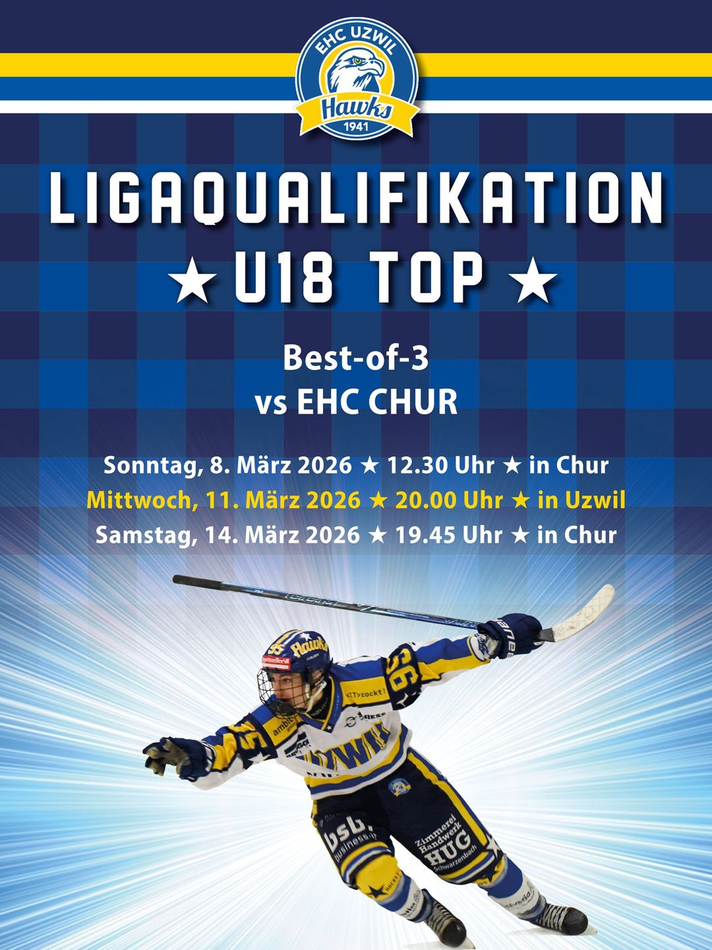 Unsere U18 startet heute Mittag in die Ligaqualifikation gegen den EHC Chur. In der Best-of-3-Serie geht es darum, wer kommende Saison in der U18-Top spielen wird. Wir wünschen unserem Team weiterhin viel Erfolg – und das nötige Quäntchen Glück🍀 Hopp Uzwil!
#ehcuzwil #younghawks #ligaquali #u18 #aufgehts