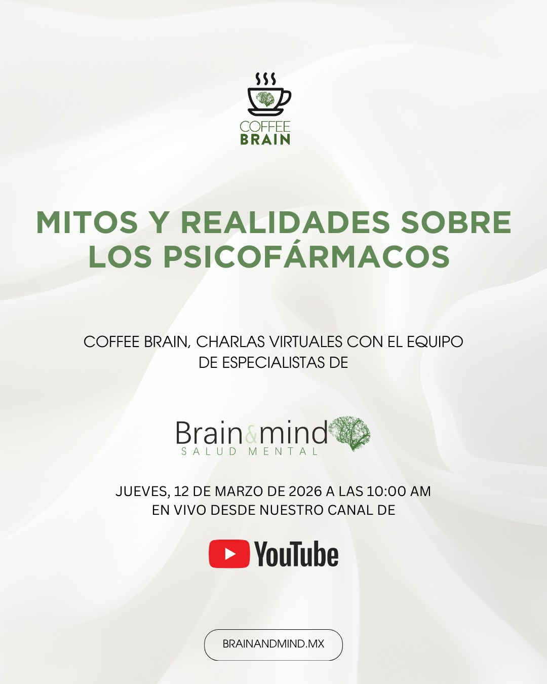 MITOS Y REALIDADES SOBRE LOS PSICOFÁRMACOS
¿Qué sabemos realmente sobre los psicofármacos?
Alrededor de los medicamentos para la salud mental existen muchas ideas equivocadas, temores y estigmas que pueden generar confusión o impedir que las personas busquen ayuda.
En este episodio de Coffee Brain, conversaremos sobre los mitos y realidades de los psicofármacos, cómo funcionan, cuándo pueden ser necesarios y por qué la información correcta es clave para tomar decisiones informadas sobre nuestra salud mental.
Una charla para comprender, cuestionar prejuicios y acercarnos a la evidencia.
📅 Jueves 12 de marzo
🕙 10:00 a.m.
📍 En vivo por YouTube
Con el equipo de especialistas de Brain & Mind Salud Mental
Más información: brainandmind.mx
#saludmental