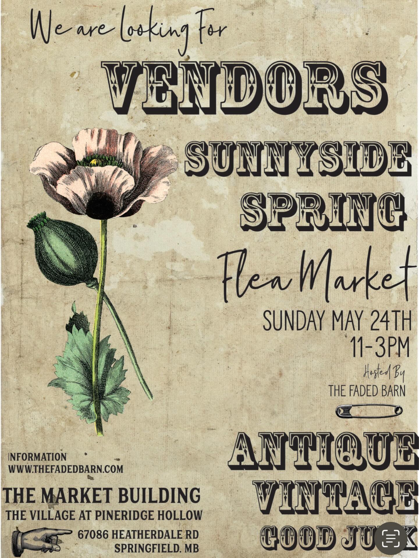 We are looking for Vendors….do you have Antiques, Vintage finds, collectibles, good junk or anything you want to sell…come join us at the Sunnyside Spring Flea in The Market Building in a beautiful Country Flea Market setting. Tables both inside the Market Building and outside …. Reasonable rates …. Ample parking….. setup Saturday Evening and Sunday morning….. restaurants, shops and food trucks on site. Please contact us at info@thefadedbarn.com for application information. We would love to have you join us in our poplar and anticipated Market this Spring…..
#antiquemarket #fleamarket #exploremb #vintagestyle #vintagemarket