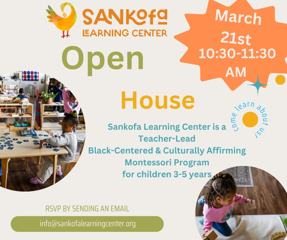 🌟 Join Us for Open Play at Sankofa Learning Center!
Looking for a fun and welcoming place for your little one to play and learn in September? Come check out Sankofa Learning Center during our Open Play Event!
📍 495 Blake St., New Haven, CT
🕥 March 21st, 10:30 AM – 11:30 AM
Bring your child for a morning of play, connection, and exploration while you learn more about our program and community. It’s a great chance to see what Sankofa Learning Center is all about!
We can’t wait to meet you and your little one. 💛
Please RSVP by emailing us at info@sankofalearningcenter.org