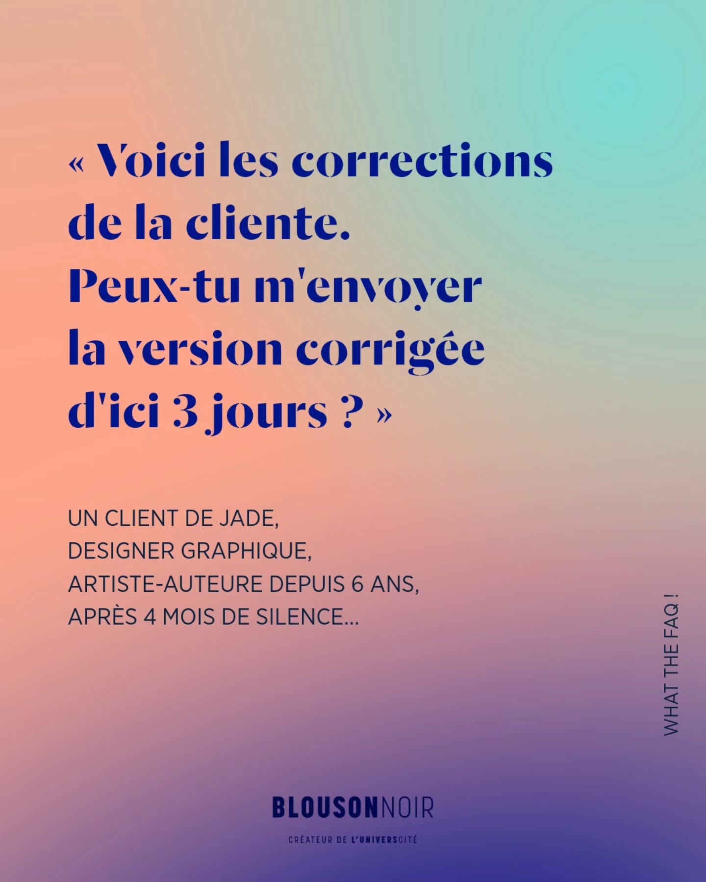 Dans #WhatTheFAQ, je partage des conseils actionnables pour répondre aux questions/remarques surprenantes de vos clients/es, prestataires, proches…
😑 Ces demandes sont parfois intentionnelles, plus ou moins habilement énoncées par votre interlocuteur/trice, pour vous emmener là où il/elle le souhaite.
😅 Mais majoritairement, elles sont lancées tel un automatisme :
• sans y avoir réfléchi,
• sans penser aux conséquences pour vous,
• sans que votre interlocuteur/trice ne se demande si cette exigence serait acceptable pour lui/elle-même,
• et bien souvent, en affirmant des idées reçues « C’est normal ! », « C’est la manière de procéder depuis des années ! », « Les autres freelances acceptent, pourquoi pas vous ? »…
🚨 Ce n’est pas parce que ces comportements sont répandus qu’ils sont pour autant acceptables. 🚨
Je pointe ces habitudes pour nous questionner chacun/e (tant dans le rôle du prestataire que dans celui du/de la client/e) sur les pratiques abusives, les remarques désagréables, les avis non sollicités, que nous entendons régulièrement. 😱
Je pointe ces usages en toute bienveillance. Soyons honnêtes, cela peut arriver à tout le monde de :
• formuler maladroitement une demande 😅
• répondre favorablement à une mauvaise pratique car nous ne savons pas comment refuser (ou que nous ne l’avons pas identifiée comme telle sur le moment).
Retrouvez des conseils directs dans ce carrousel pour vous aider à :
👀 Prendre conscience que ce n’est pas normal,
🤯 Ne plus être déstabilisé/e ou affecté/e,
😉 Savoir comment répondre !
💬 Et vous, comment répondez-vous ?
Vos conseils peuvent être utiles à d’autres entrepreneurs/es créatifs/ves. 🙏
#RelationClient #RespectCreation #EntrepreneuriatCreatif #FormationEntrepreneuriatArtistique