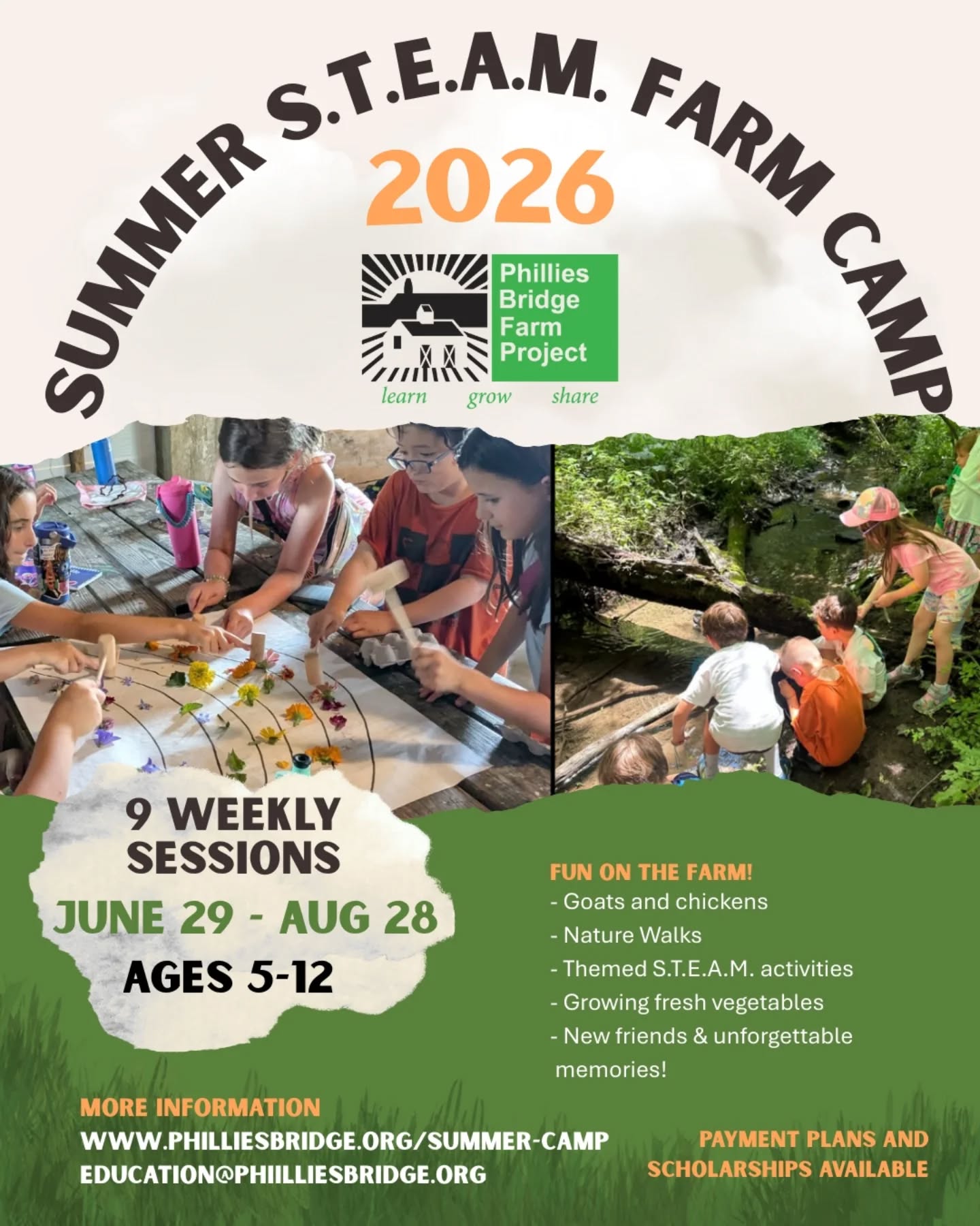 Summer camp registration is open! Join us on the farm this summer for games, animal time, nature walks and hands on learning! Our Summer STEAM Farm Camp is for kids 5-12, and our half day Nature Nursery Program is for kids 3-4. For dates, rates, and policies check out www.philliesbridge.org/summer-camp (link in bio)