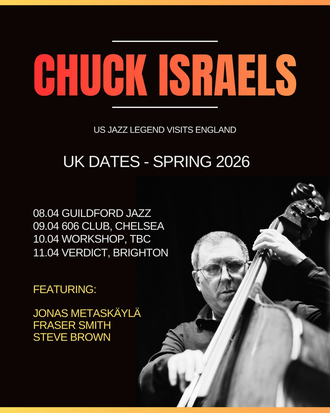 Jazz lovers! In one month’s time I have the pleasure of inviting US, Grammy award winning bassist Chuck Israels over from the states.
.
Chuck Israels has recorded with John Coltrane, Stan Getz and also cut ten albums with Bill Evans. He also performed with Billie Holiday, Bud Powell, Herbie Hancock and benny Goodman to mention just a small few.
.
We’re doing a handful of gigs, come and catch us at the following:
.
08.04 @guildfordjazz
09.04 @606club
11.04 @verdictjazz
There will also be a masterclass with Chuck happening, 10.04 , London venue tbc.
.
The band will feature @jonas.metsakyla on guitar, myself on tenor and Steve Brown on drums.
.
#jazz #music #bass #ukjazz #bebop