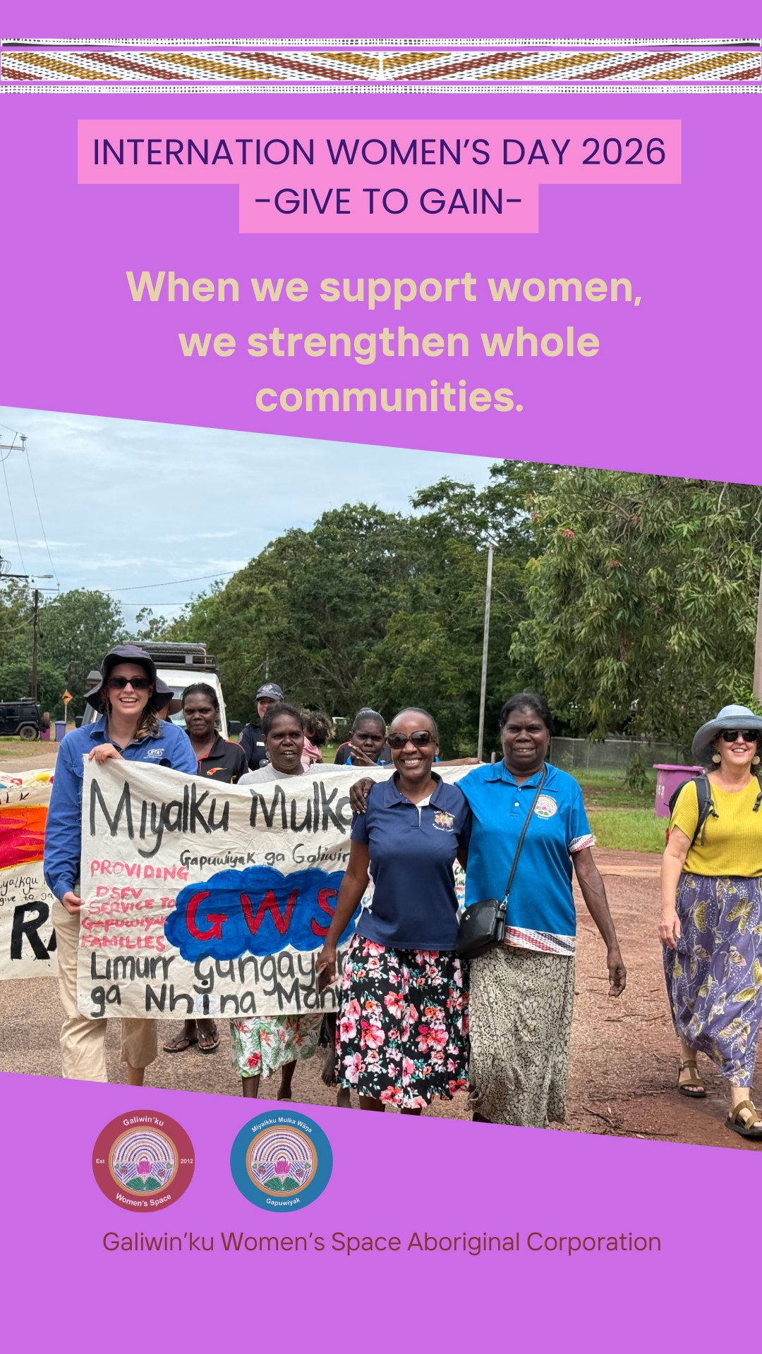 💜 International Women’s Day 2026 – Give to Gain 💜
Yolŋu women have always been strong leaders in family, culture and community. Every day in Galiwin’ku, women continue that strength, caring for children, supporting each other and working towards safer futures.
Galiwin'ku Women's Space exists to support women and families experiencing domestic, family and sexual violence, providing a place for advocacy, support and practical help in a culturally safe space.
This International Women’s Day, the theme “Give to Gain” reminds us that when we support women, we build stronger families and stronger communities.
💜 If you would like to stand with Yolŋu women today, please consider making a donation 💜
Every contribution helps support women and children seeking safety.
Donation link in our bio
#InternationalWomensDay #IWD2026 #GiveToGain #SupportYolnguWomen #EndDFSV #StrongerCommunities
