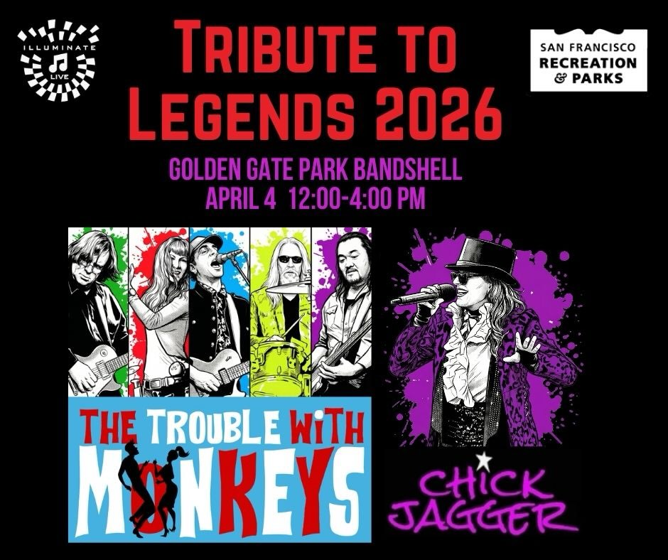 Get ready to party at the sensational @goldengatepark #bandshell #saturday 4/4!!! Chick Jagger the #ultimate #rollingstones #party band teams up with @thetroublewithmonkeys for an afternoon of rollicking rock n roll!! Thanks to @illumin8live! 👅☀️🎶👯♂️💫