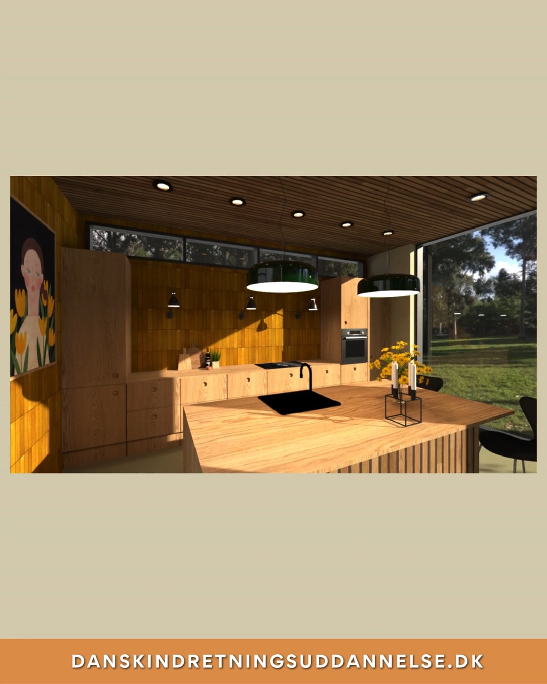 New Nordic møder retro – og det er da en ret skøn kombination ✨
Her har Janni skabt et køkken, hvor de rolige nordiske linjer møder varme retroreferencer. Resultatet er et køkken med både karakter, varme og funktionalitet.
I Modul 19 – vores køkkenmodul – arbejder DIUs studerende med alt fra funktionelle køkkenplaner og organisering til materialevalg, stilarter og budgetter. Et køkken skal nemlig ikke bare være smukt – det skal også fungere i hverdagen.
Nyd lige Jannis flotte arbejde, renderet i V-Ray 👏