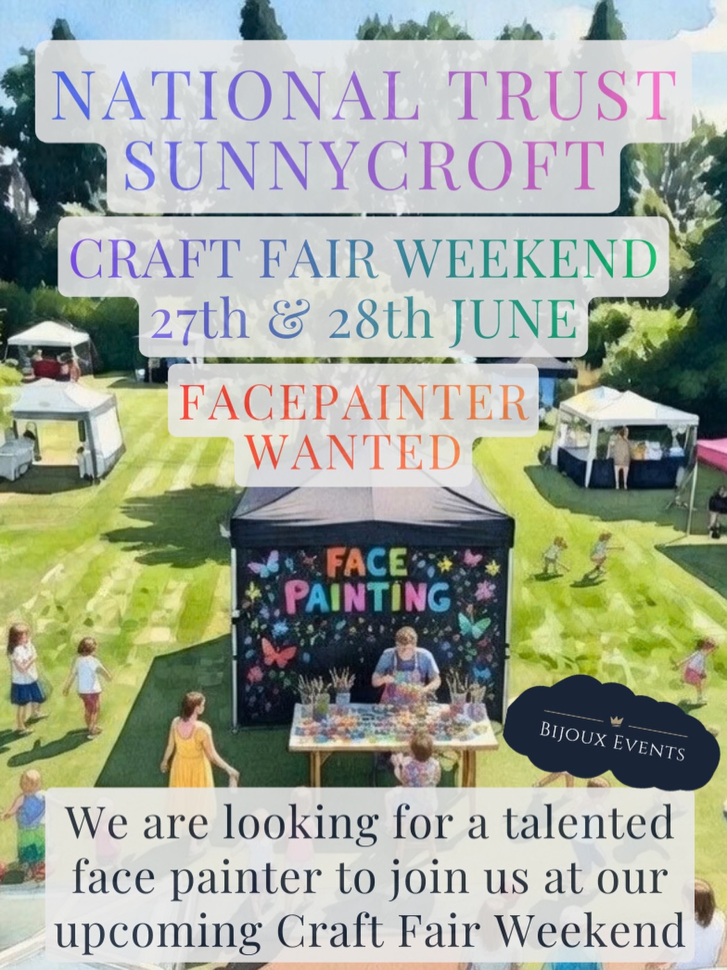 🎨 Face Painter Wanted 🎨
Step back in time with us at Sunnycroft and bring a little magic to our visitors! We’re looking for a creative face painter to add colour, fun and smiles to our historic villa weekend.
If you love bright, imaginative designs and want to work in a unique setting full of history and character, we’d love to hear from you.
📆 Saturday 27th June and Sunday 28th June 2026
📍National Trust Sunnycroft 200 Holyhead Road, Wellington, Telford, Shropshire, TF1 2DR (Sat Nav: TF1 2DP)
🕚 11am till 4pm each day
Head over to our website to complete an application form if you would like to join us!
➡️ www.bijoux-events.co.uk
#facepainter
#bijoux_events_ltd